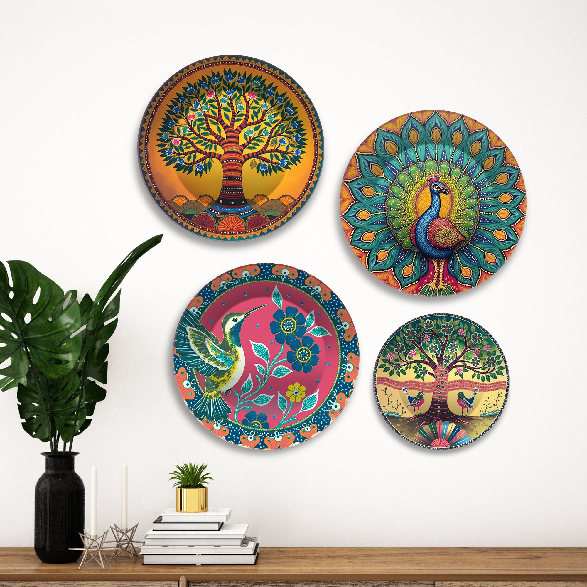 Madhubani Fusion Decorative Premium Wall Plates Painting Set of Four