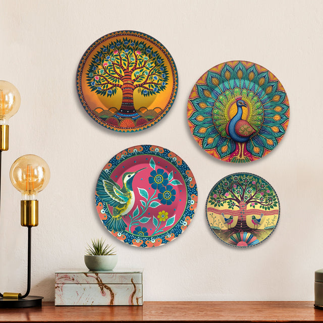 Madhubani Fusion Decorative Premium Wall Plates Painting Set of Four