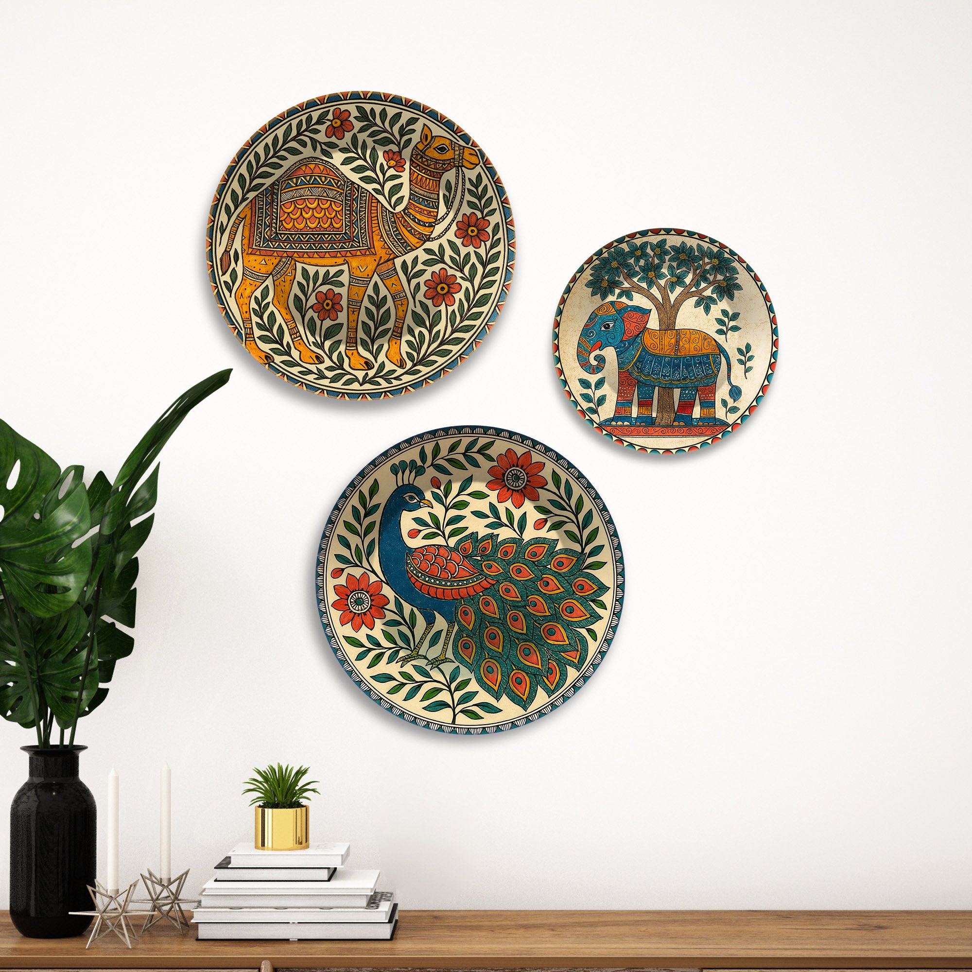 Madhubani Inspired Wild Grace Premium Wall Plates Painting Set of 3