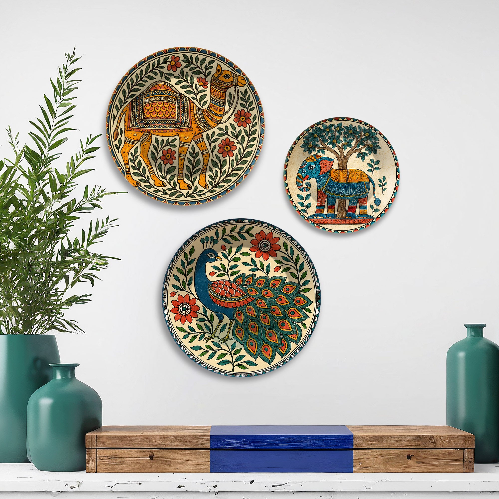 Madhubani Inspired Wild Grace Premium Wall Plates Painting Set of 3