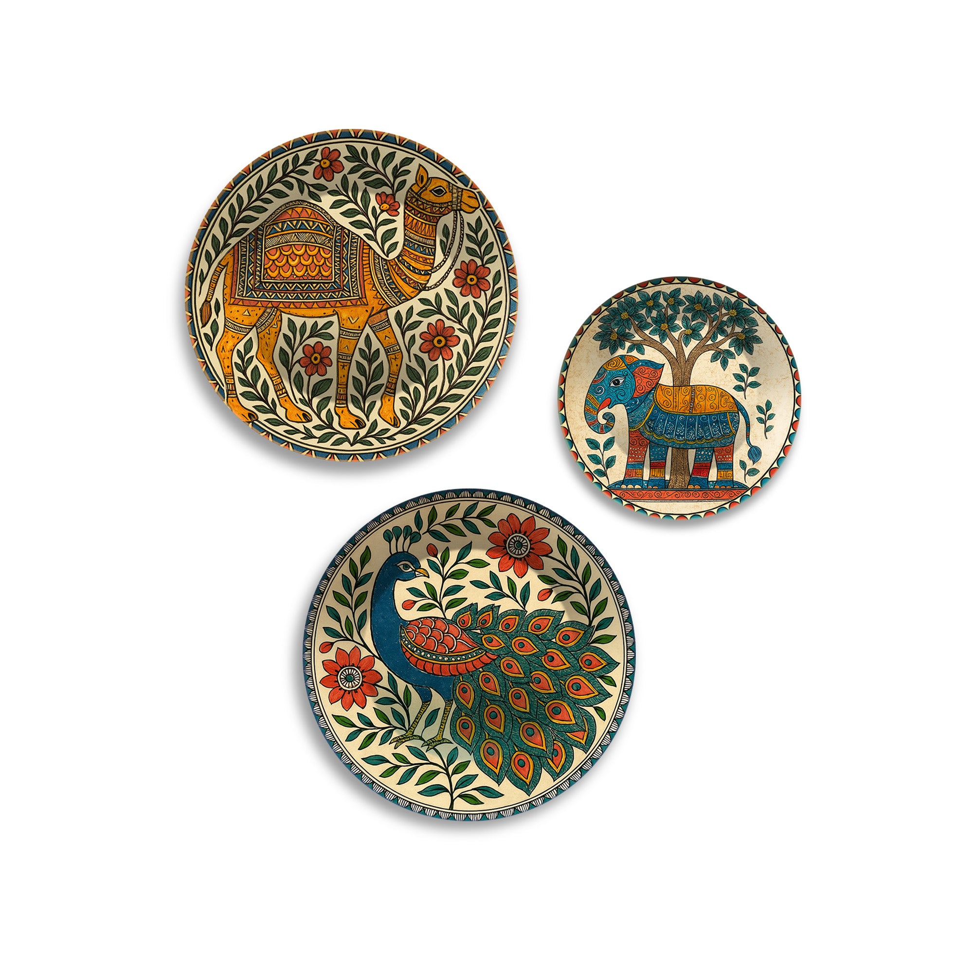 Madhubani Inspired Wild Grace Premium Wall Plates Painting Set of 3