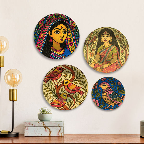 Madhubani Inspired Women & Birds Premium Wall Plates Painting Set of Four