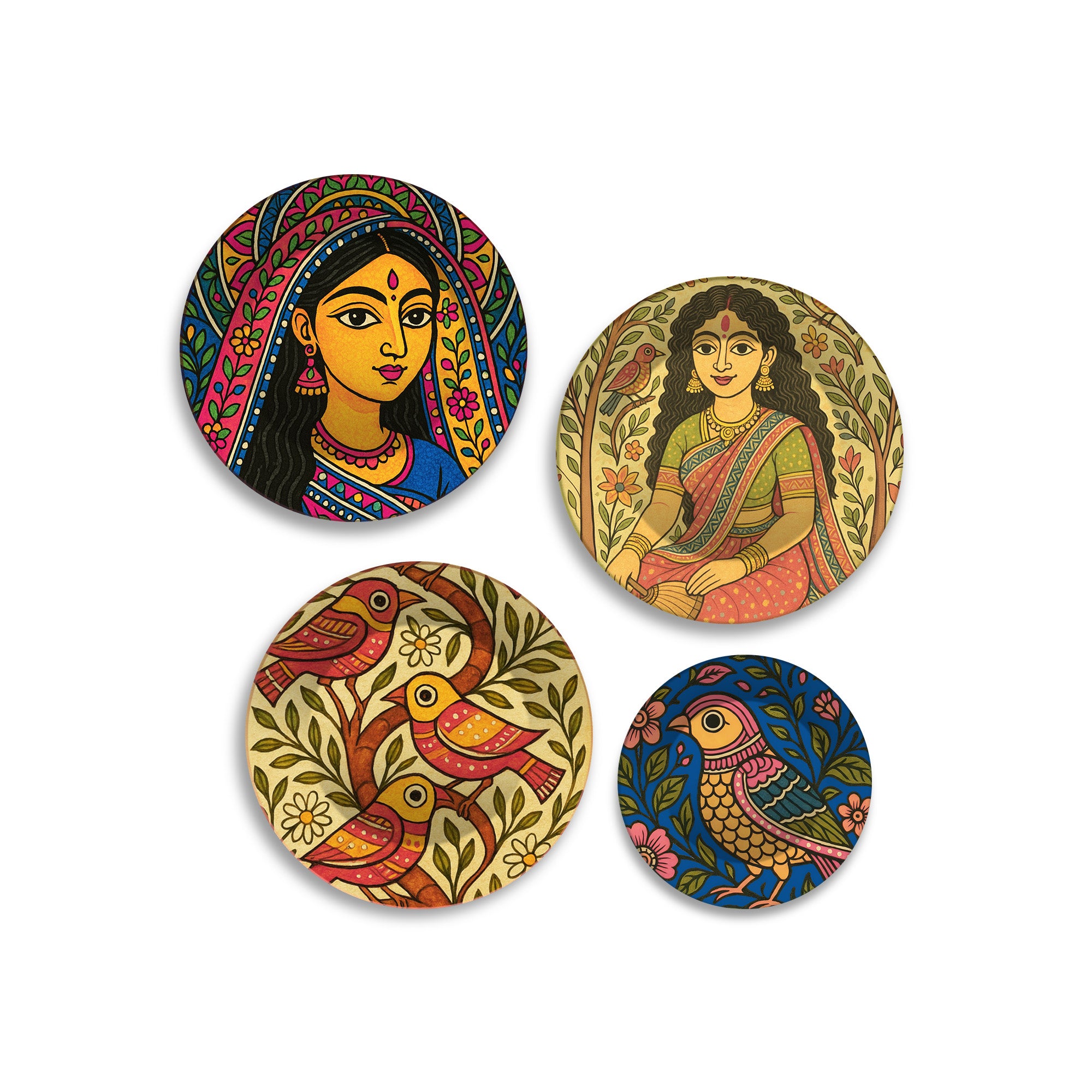 Madhubani Inspired Women & Birds Premium Wall Plates Painting Set of Four