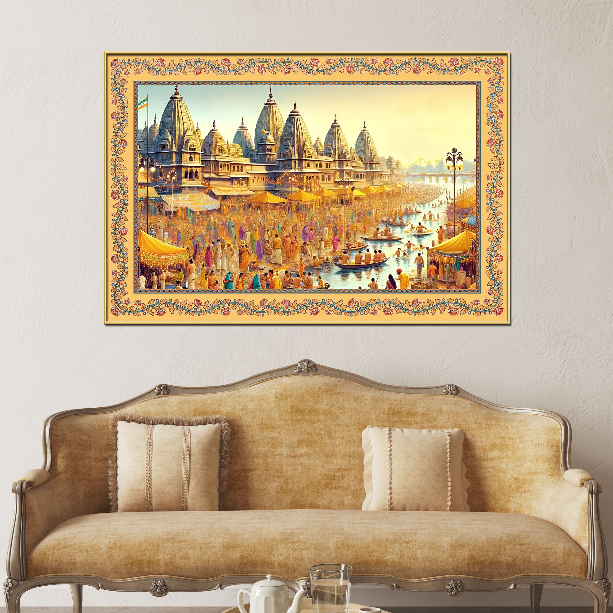 Maha Kumbh Mela on Ganga Ghat Border Canvas Wall Painting