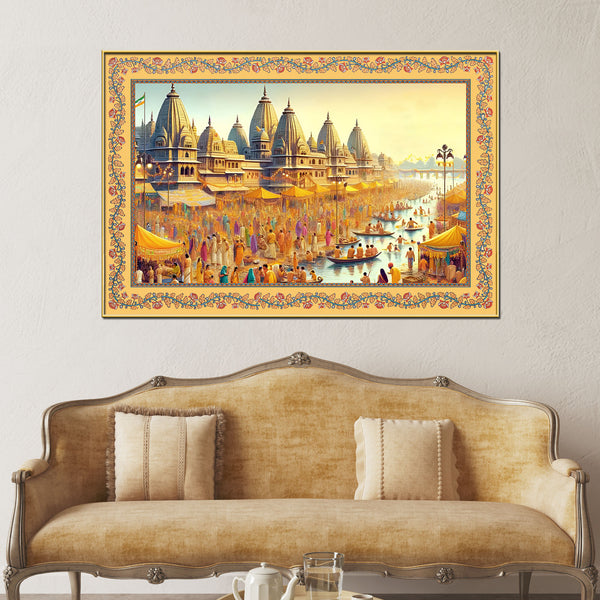 Maha Kumbh Mela on Ganga Ghat Border Canvas Wall Painting