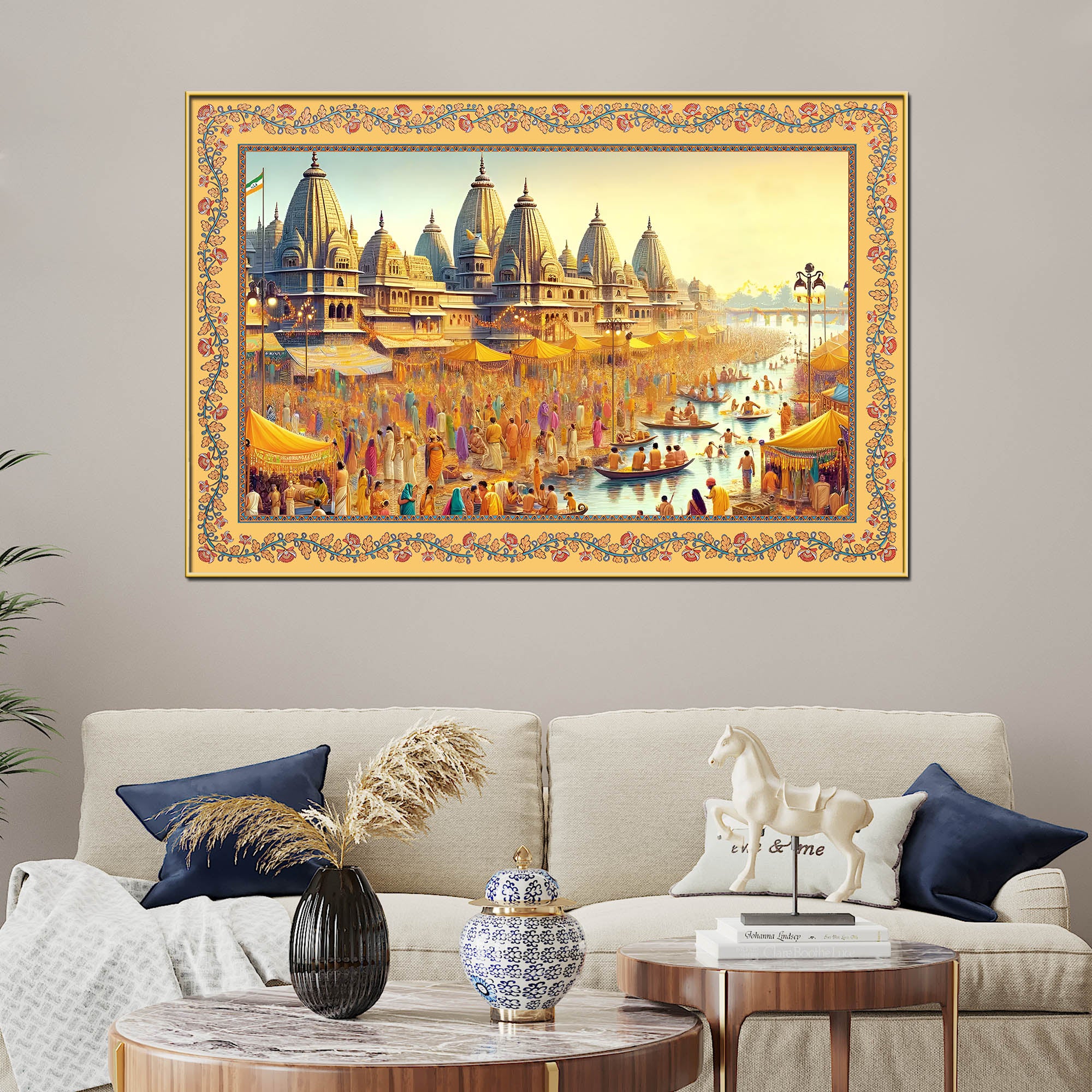 Maha Kumbh Mela on Ganga Ghat Border Canvas Wall Painting