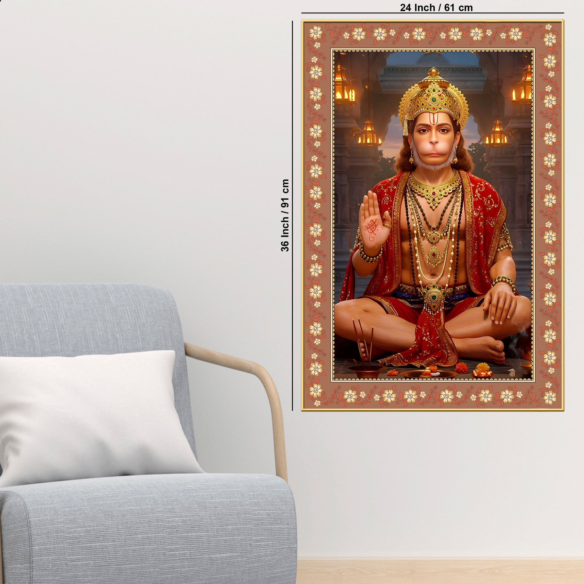 Mahavira Hanuman Floral Border Vertical Wall Painting