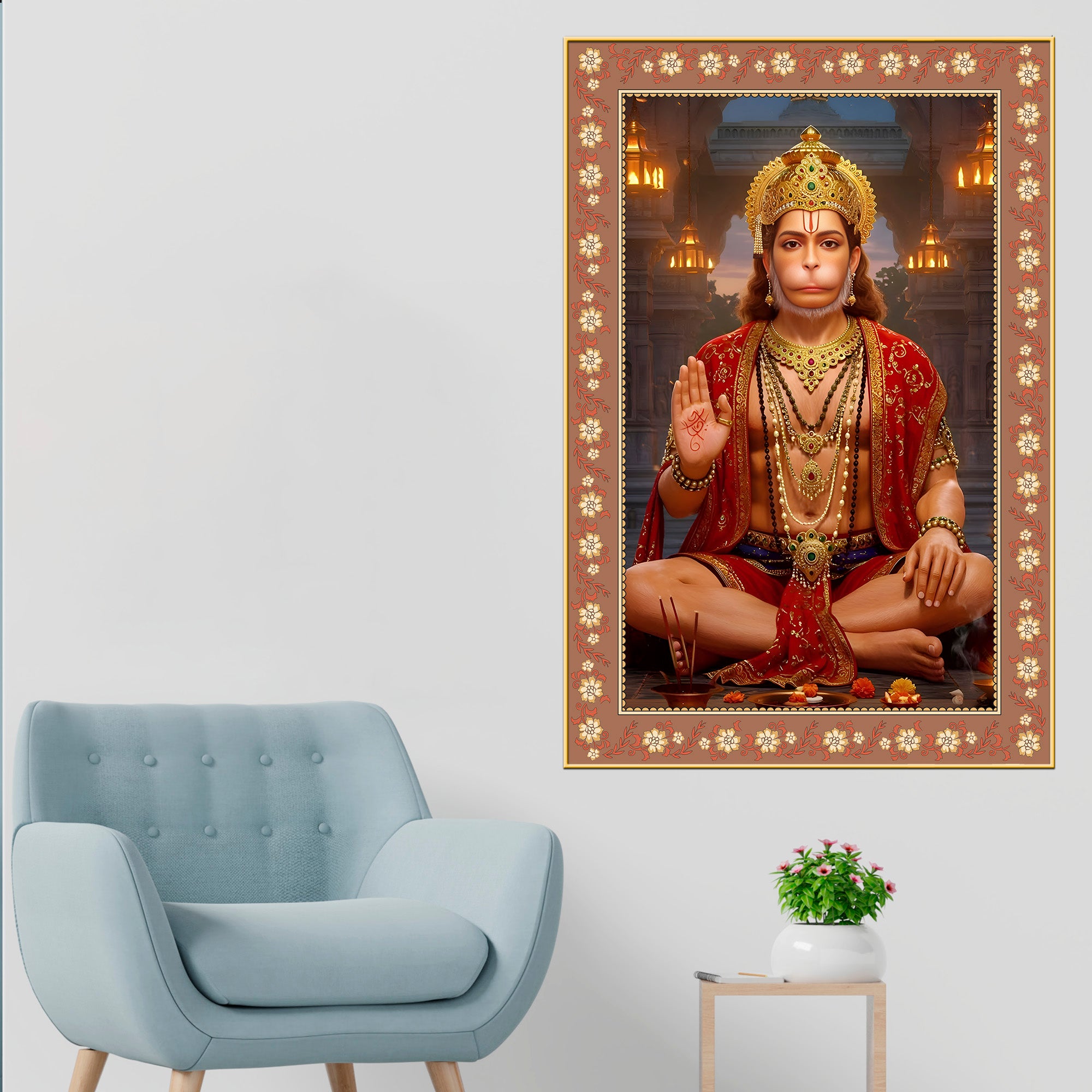 Mahavira Hanuman Floral Border Vertical Wall Painting
