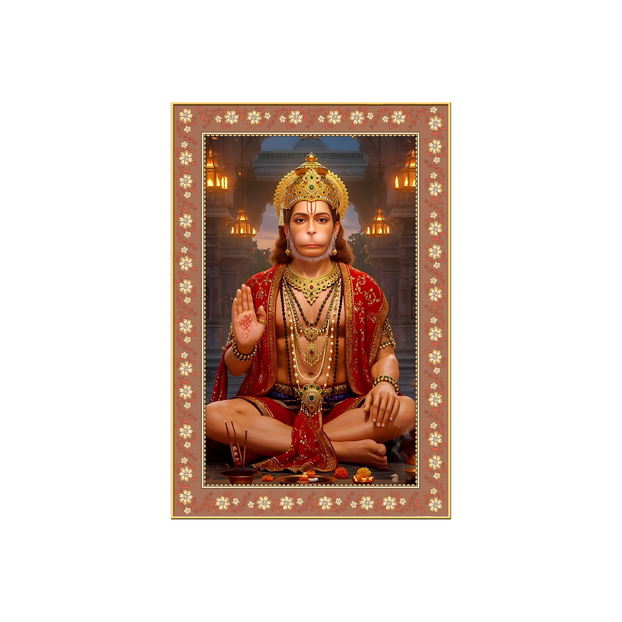Mahavira Hanuman Floral Border Vertical Wall Painting