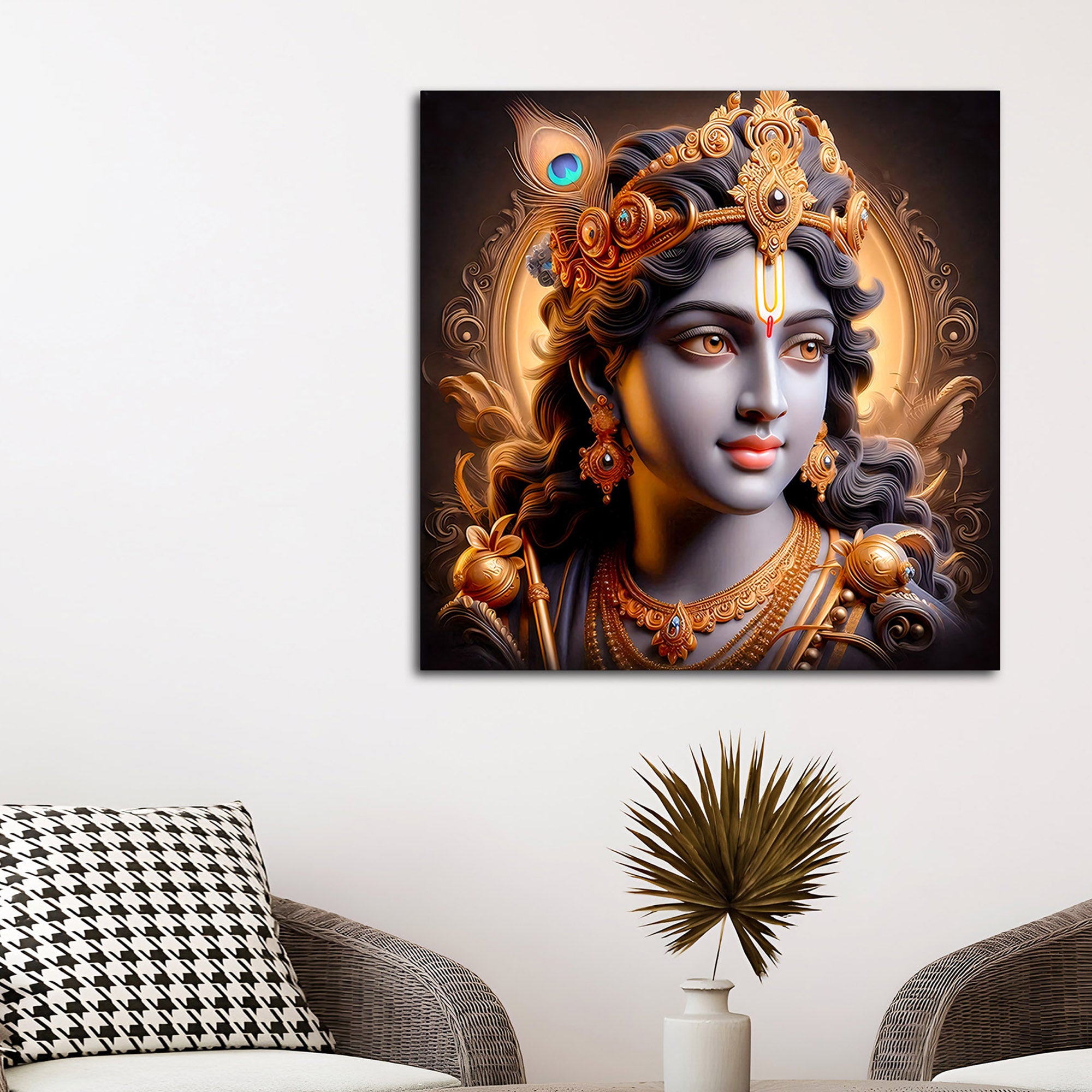 Majestic Lord Krishna Royal Portrait Art Canvas Wall Painting For Home & Office