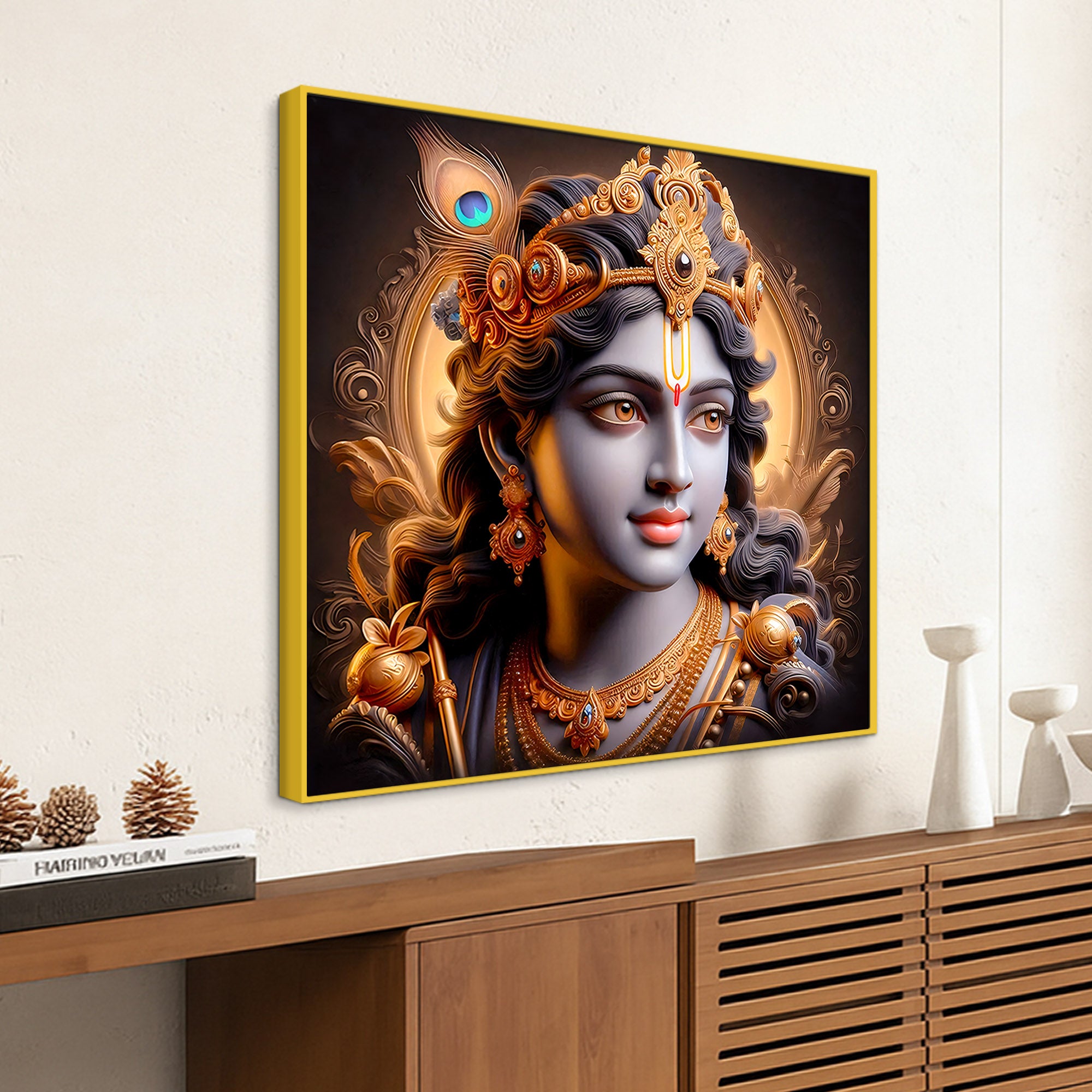 Majestic Lord Krishna Royal Portrait Art Canvas Wall Painting For Home & Office