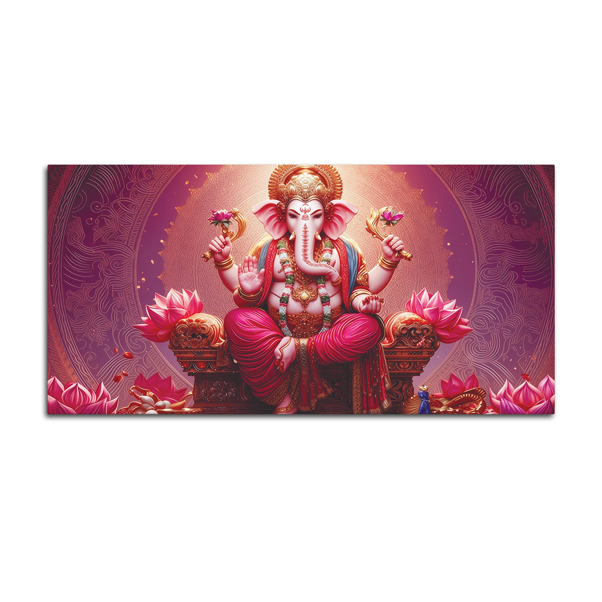 Majestic Lord Shri Ganesha Sitted on Lotus Throne Canvas Wall Painting Pink Themed – Spiritual Wall Art for Home Décor