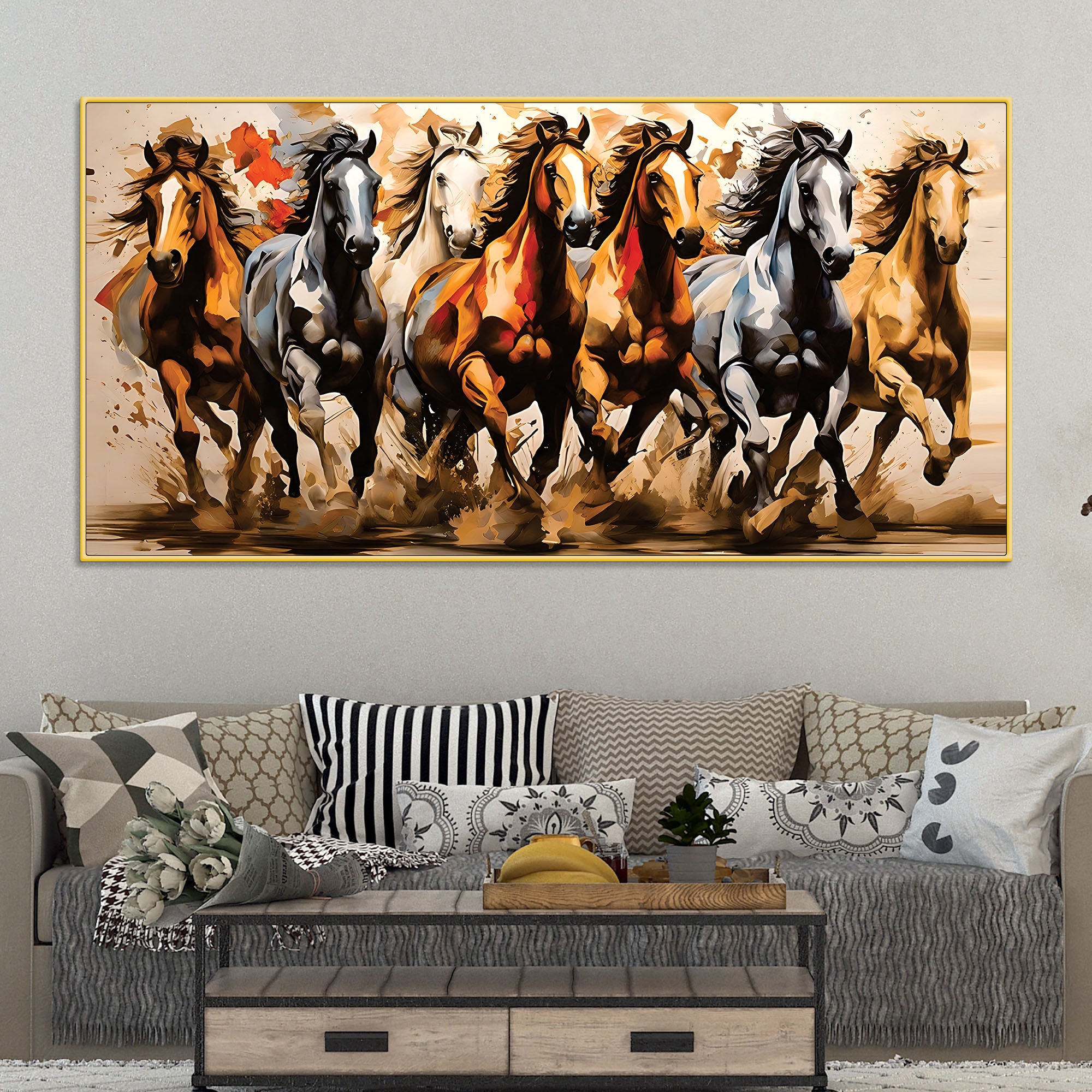 Majestic Seven Horses Water Color Art Premium Wall Painting