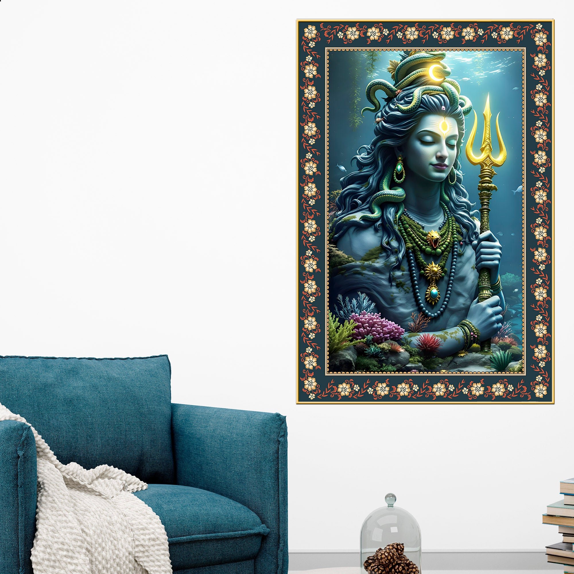 Majestic Shiva with Trident Floral Border Vertical Wall Painting