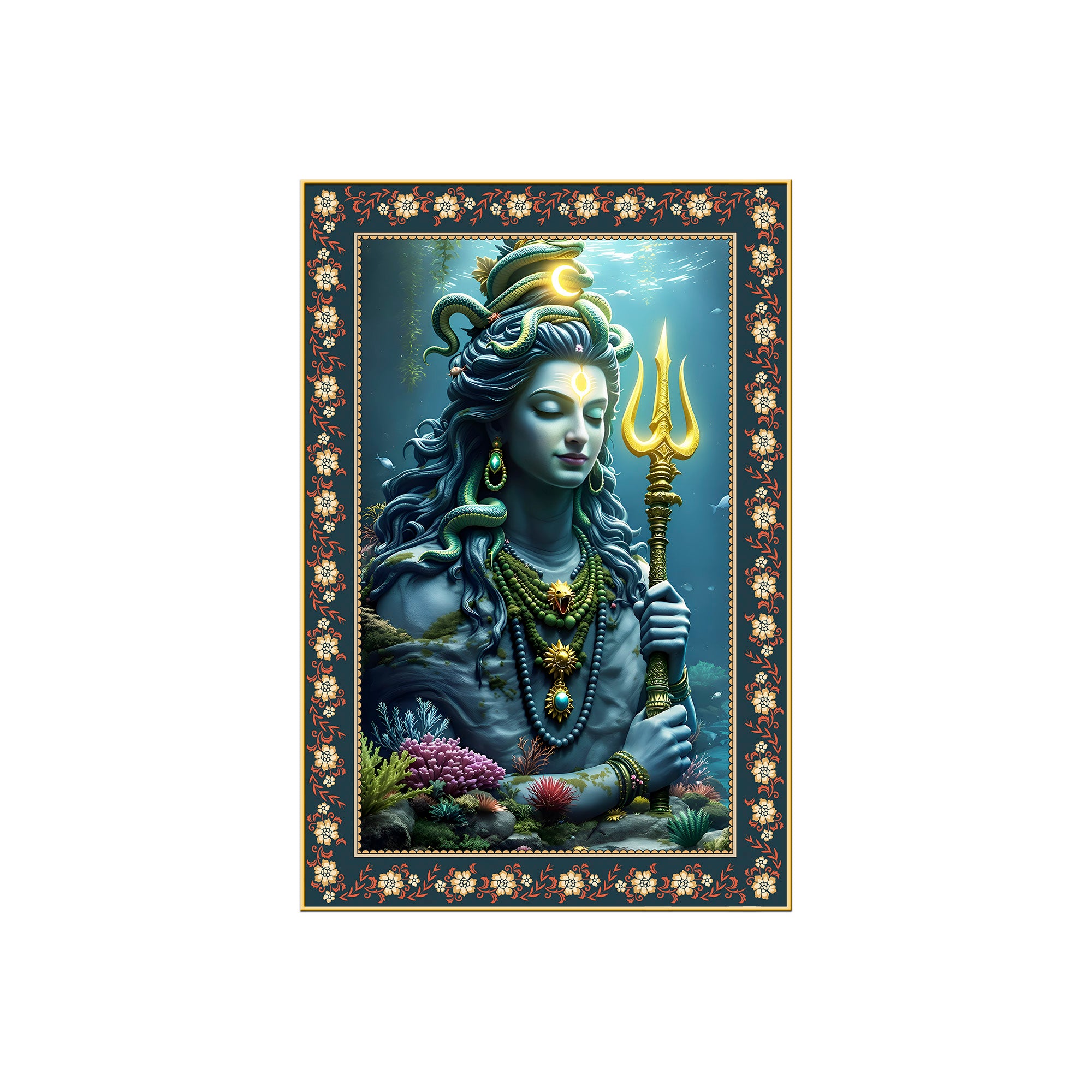 Majestic Shiva with Trident Floral Border Vertical Wall Painting