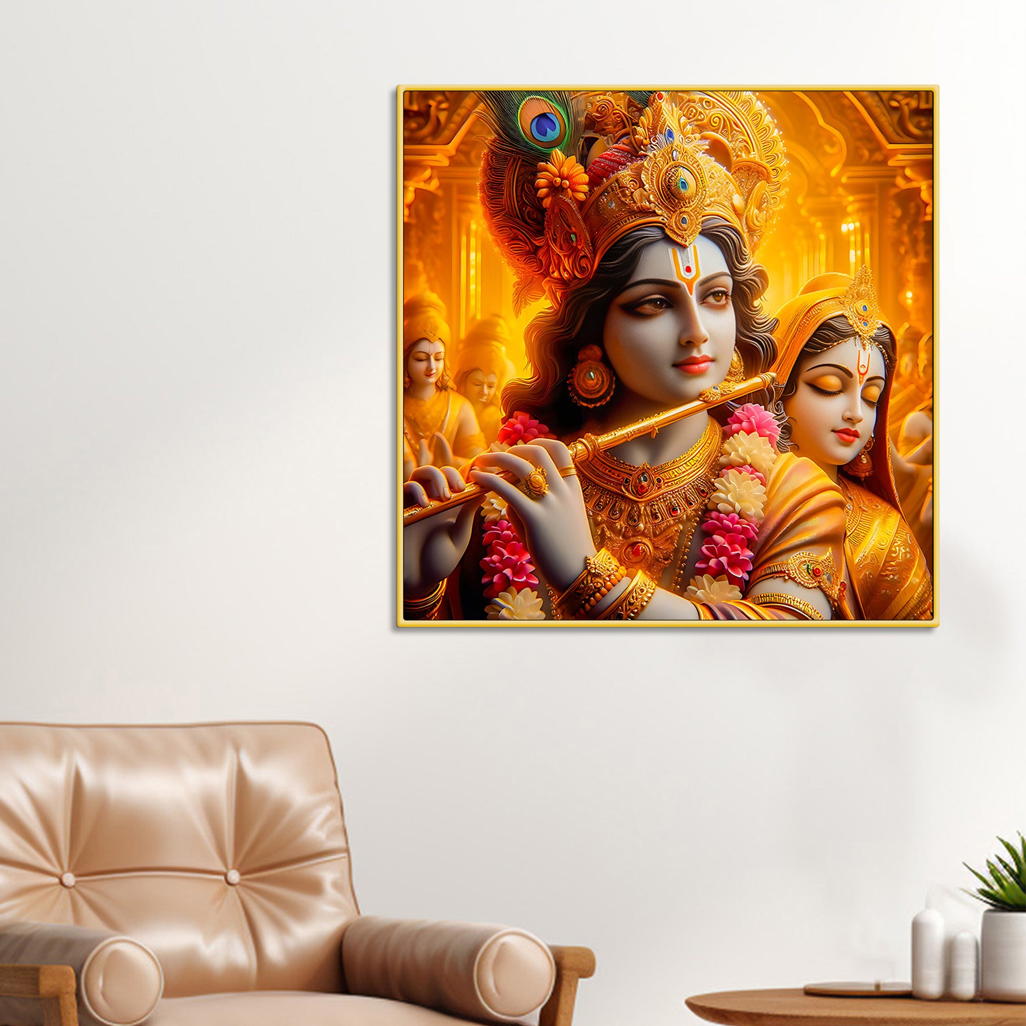 Majestic Shri Krishna Radha Playing Flute Canvas Wall Painting