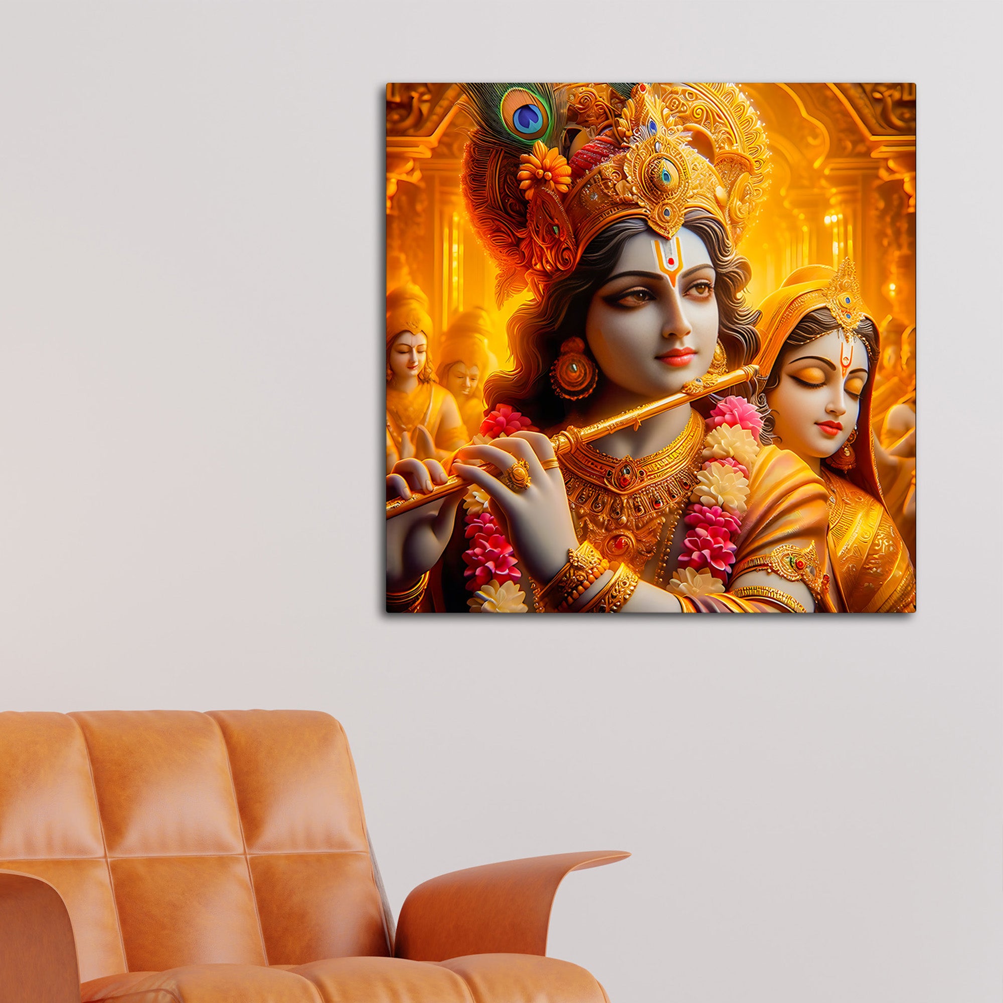 Majestic Shri Krishna Radha Playing Flute Canvas Wall Painting