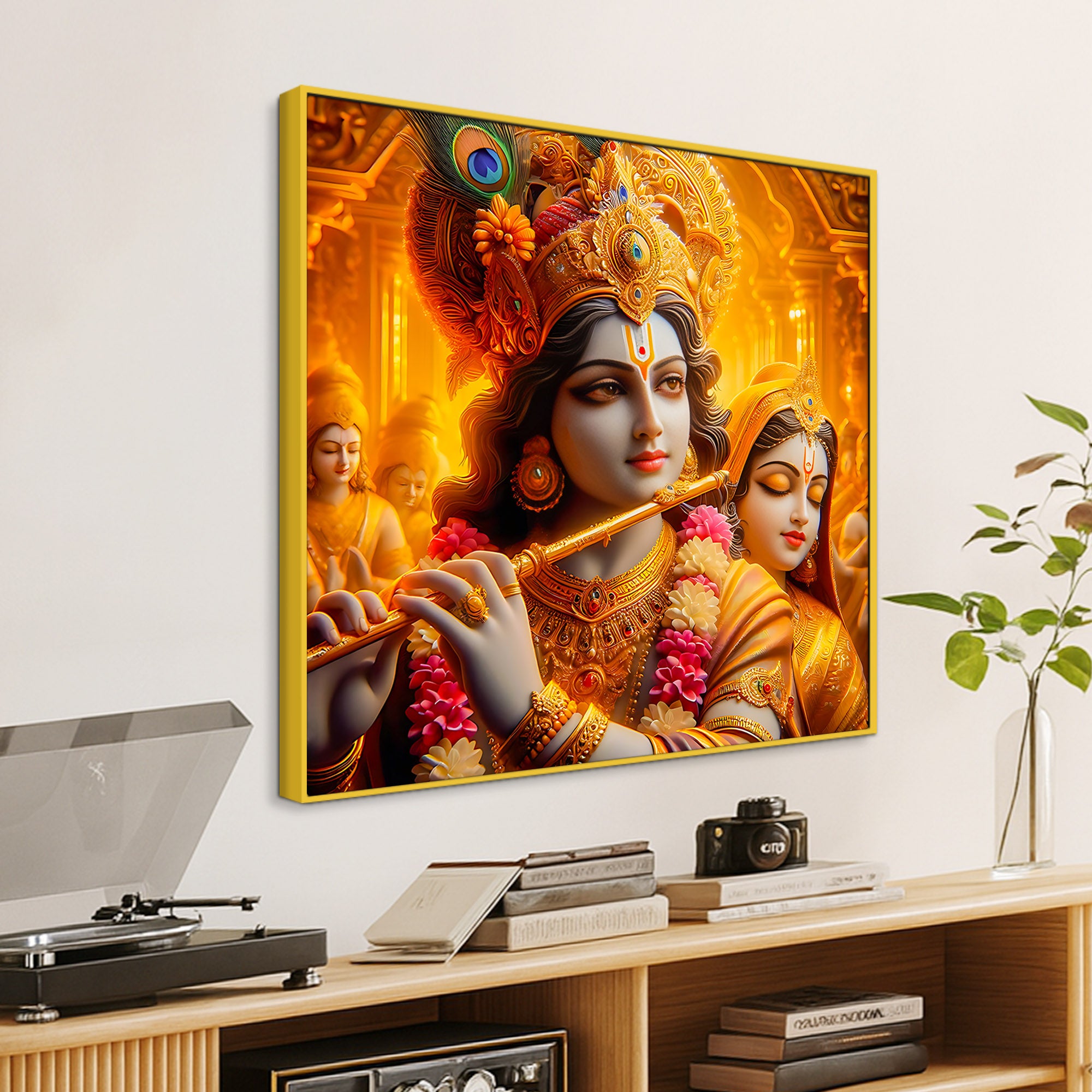 Majestic Shri Krishna Radha Playing Flute Canvas Wall Painting