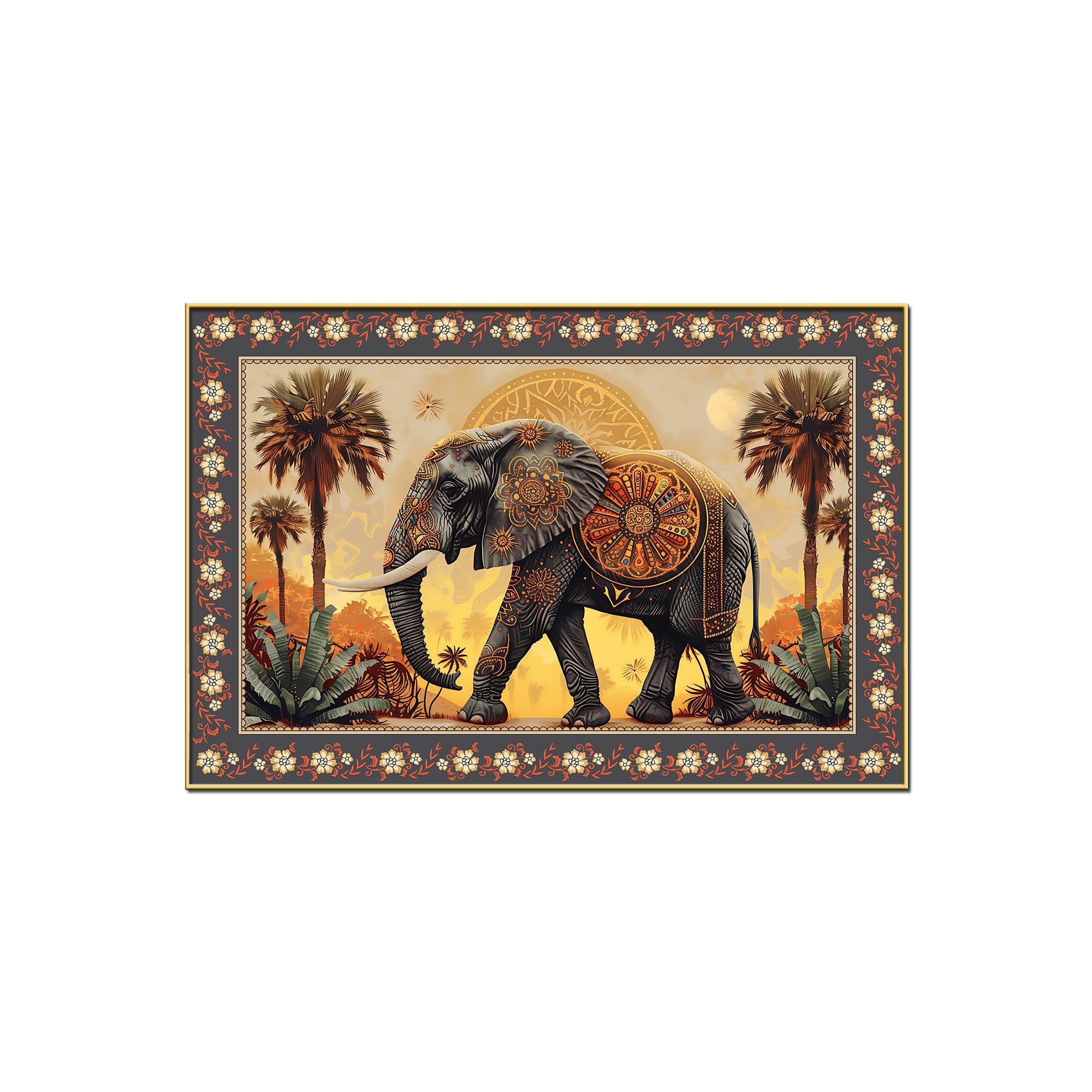 Mandala Design Elephant in Sunset Floral Border Canvas Wall Painting