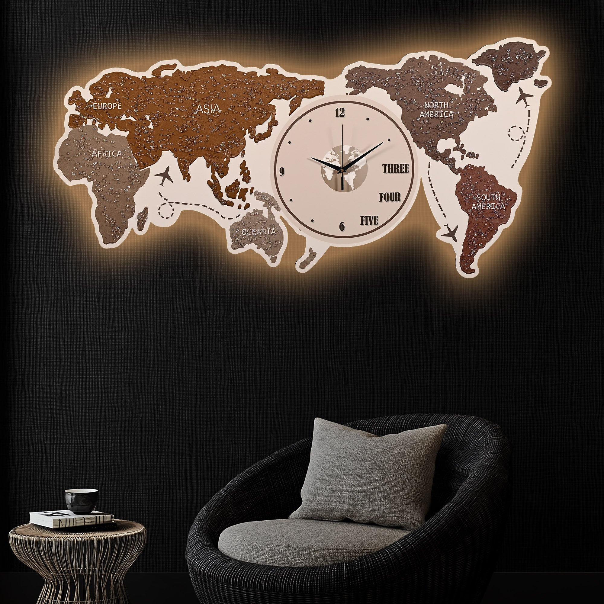 Map of The Earth Crystal Glass Backlit LED Painting with Clock (Land)