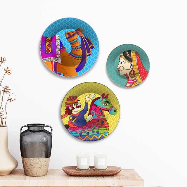 Marwari Cultural Rajasthani Caravan Premium Wall Plates Painting Set of 3