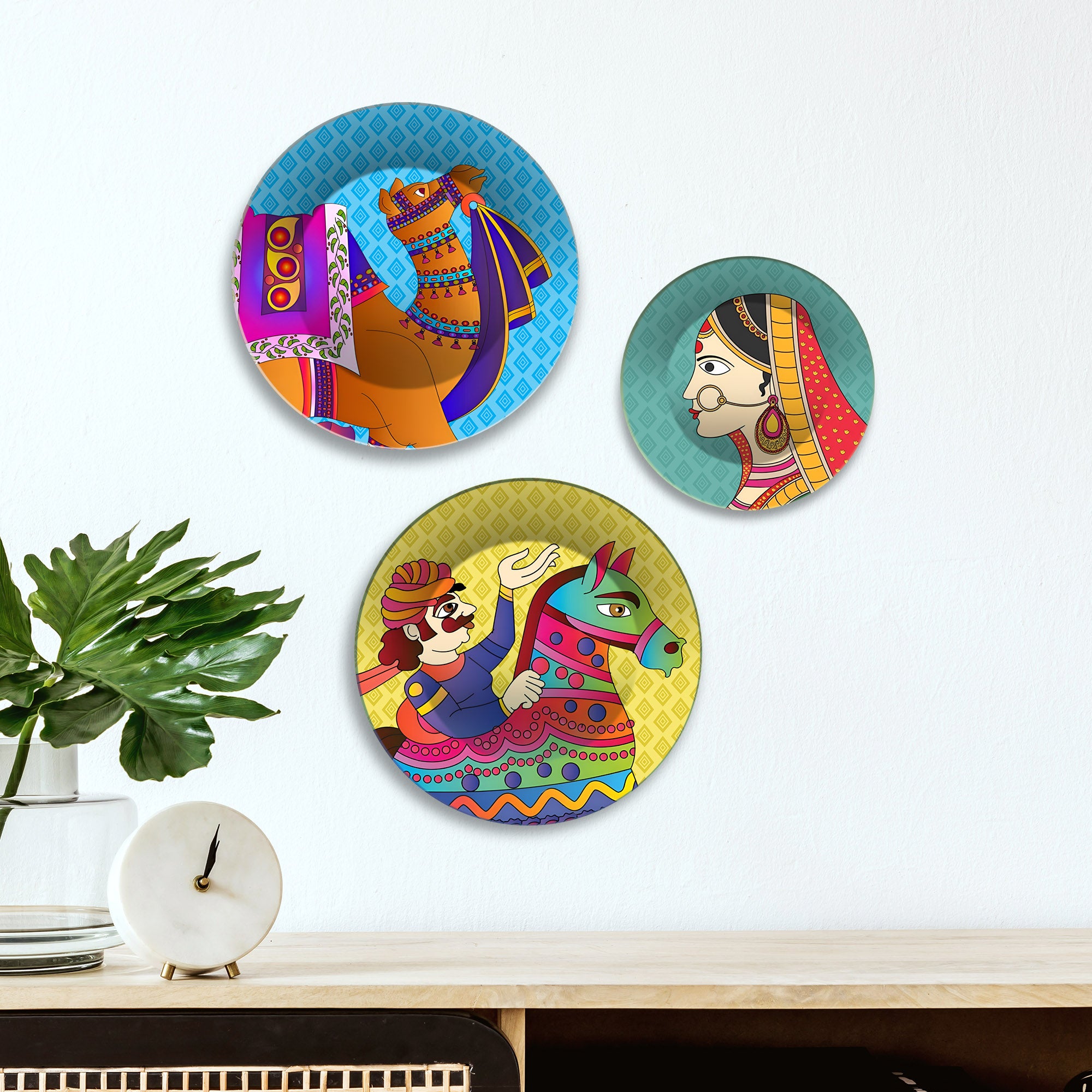 Marwari Cultural Rajasthani Caravan Premium Wall Plates Painting Set of 3