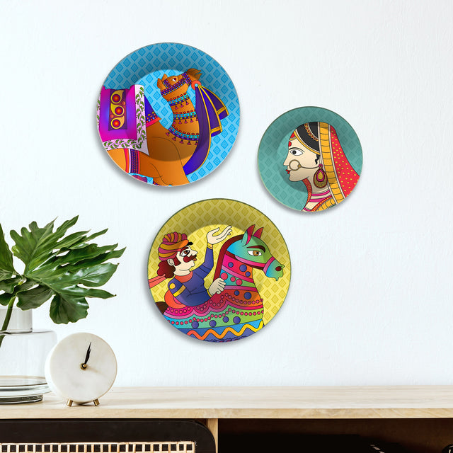 Marwari Cultural Rajasthani Caravan Premium Wall Plates Painting Set of 3