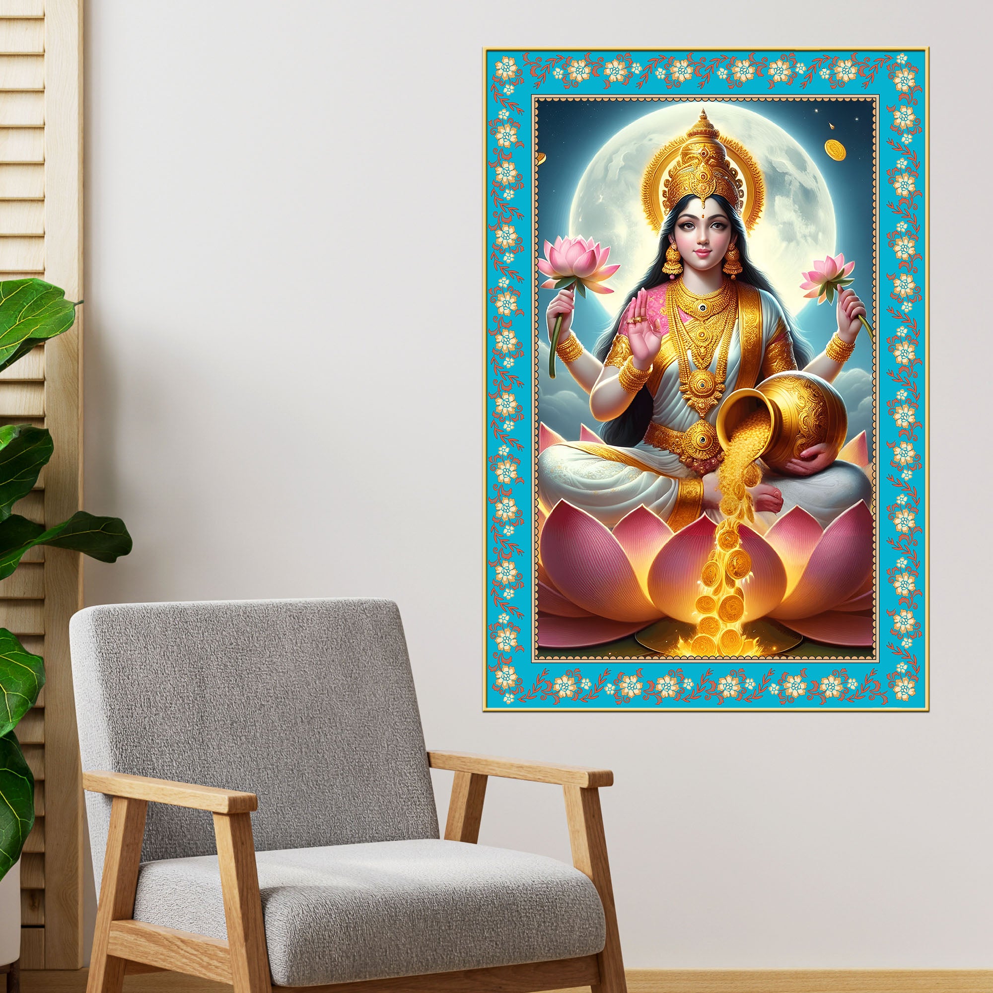 Mata Laxmi Prosperity Floral Border Vertical Canvas Wall Painting