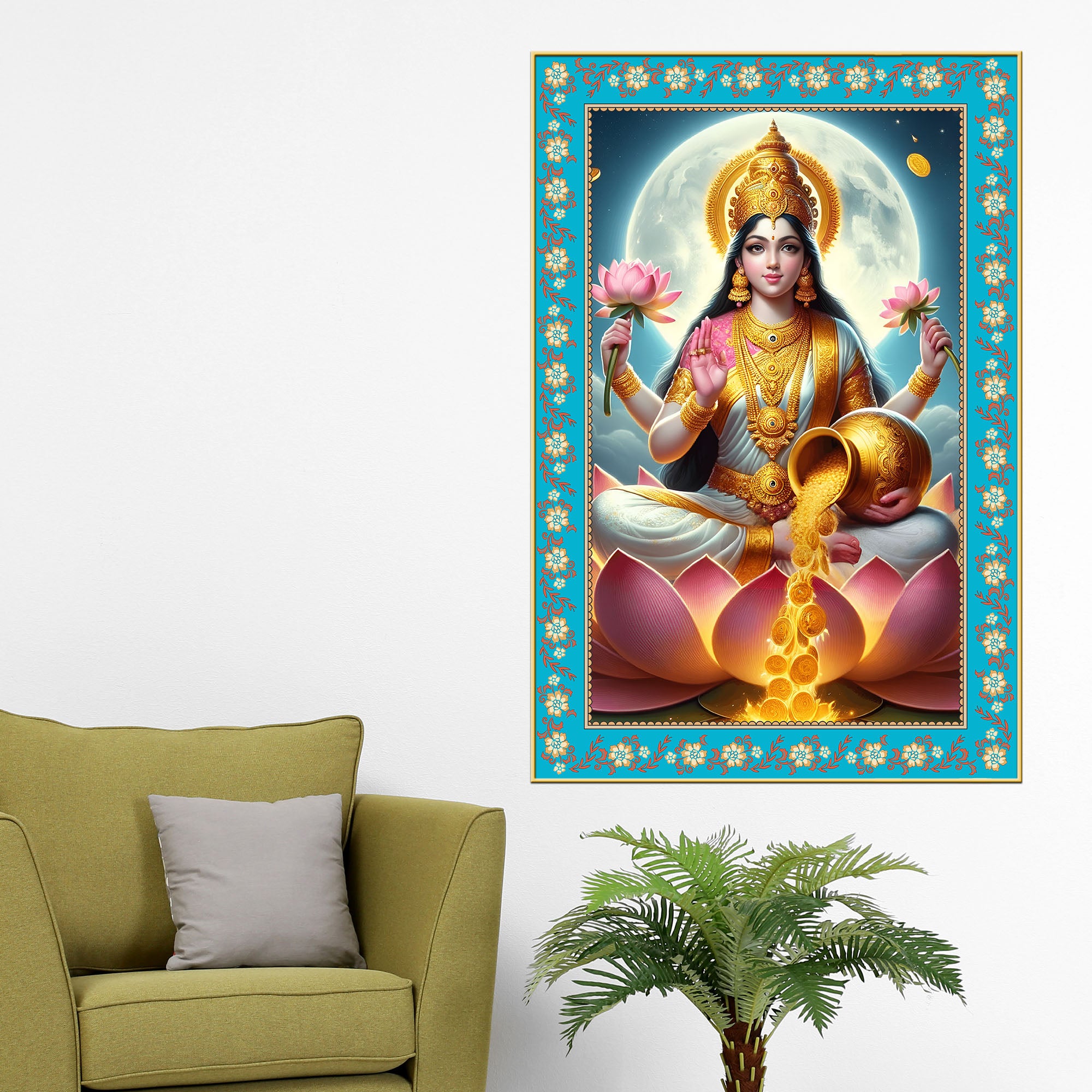 Mata Laxmi Prosperity Floral Border Vertical Canvas Wall Painting