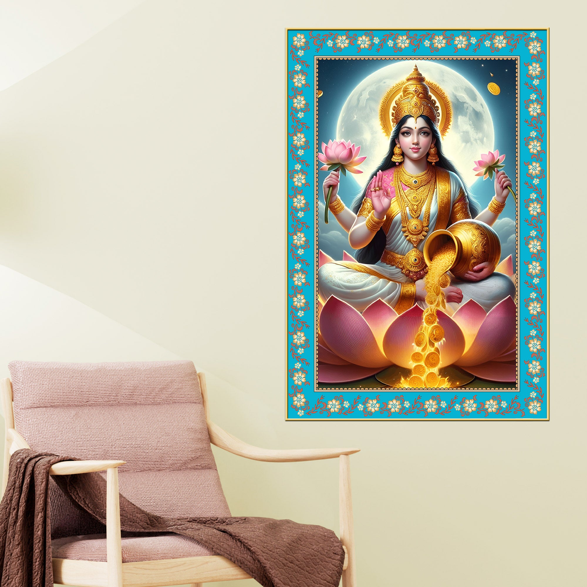 Mata Laxmi Prosperity Floral Border Vertical Canvas Wall Painting