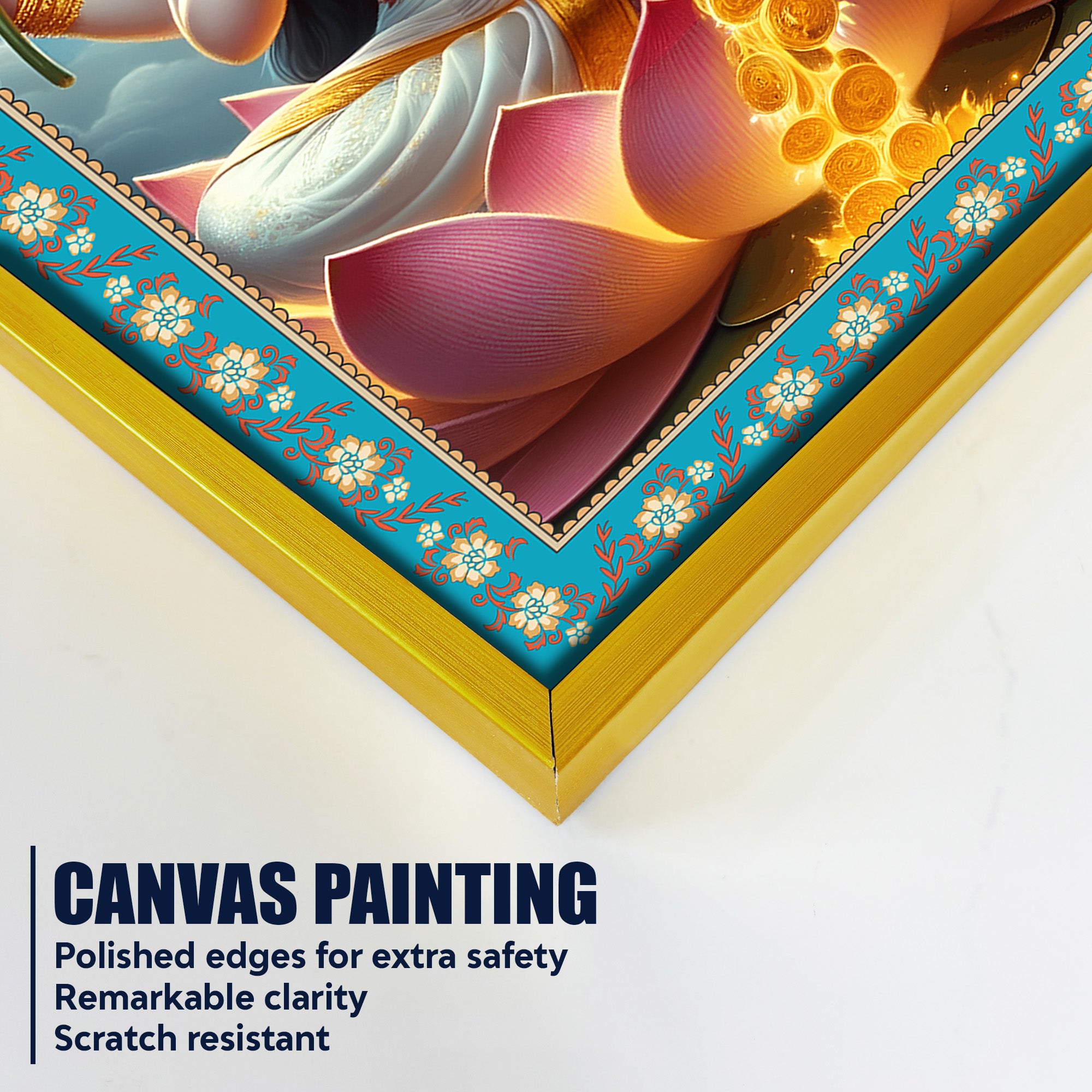 Mata Laxmi Prosperity Floral Border Vertical Canvas Wall Painting