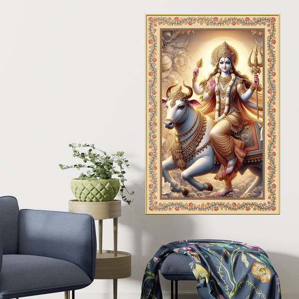 Mata Shailputri Floral Border Vertical Canvas Wall Painting