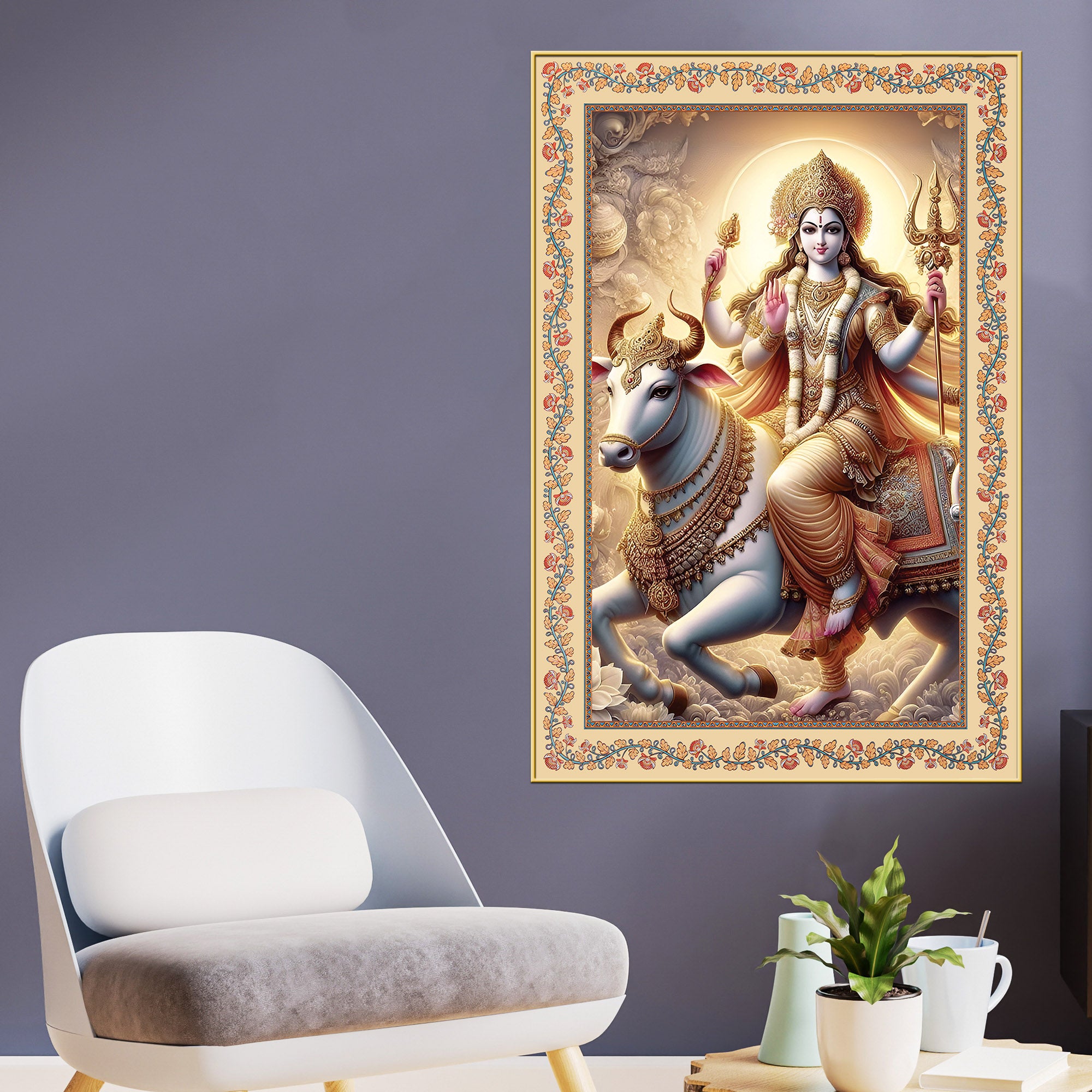 Mata Shailputri Floral Border Vertical Canvas Wall Painting