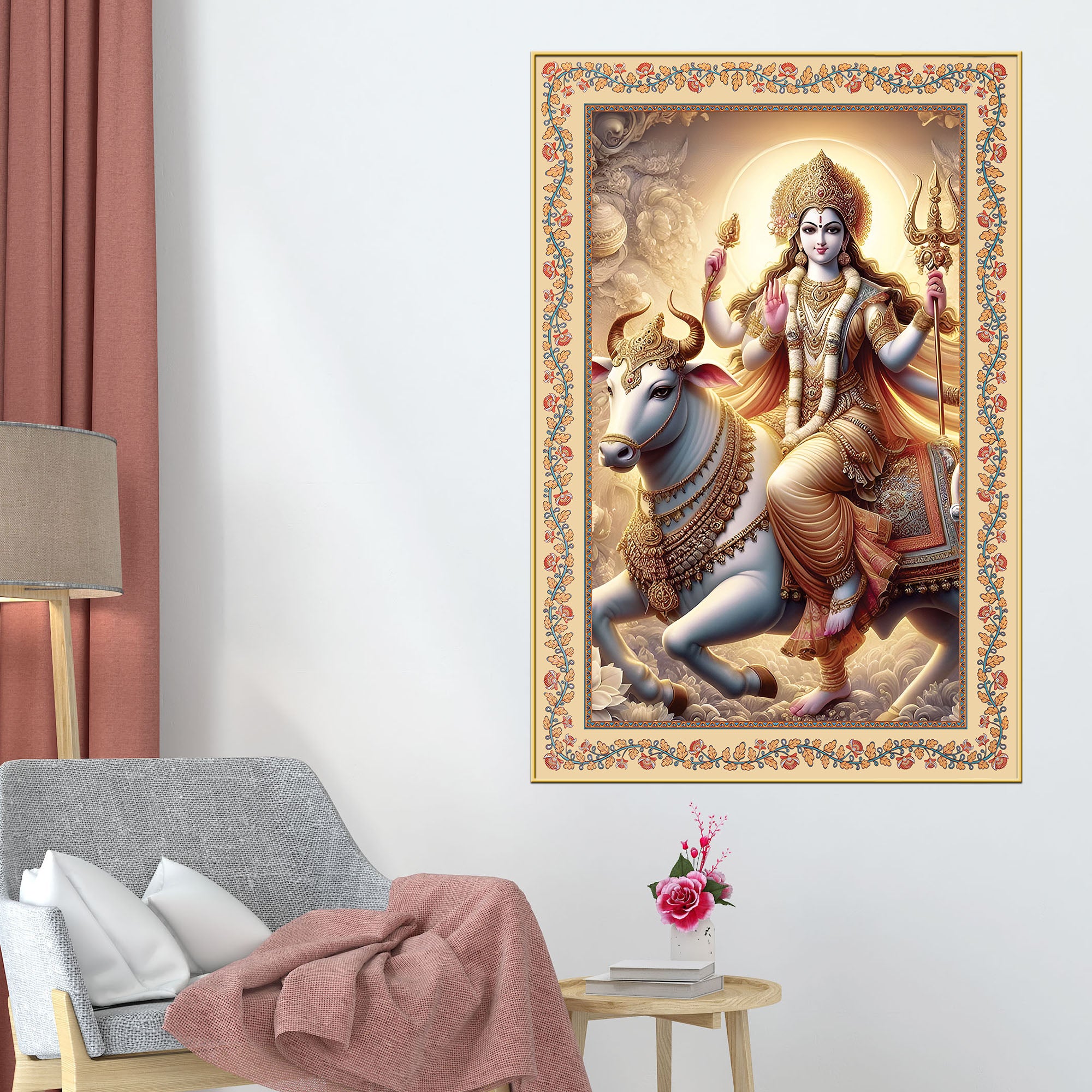 Mata Shailputri Floral Border Vertical Canvas Wall Painting