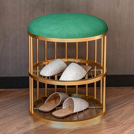 Metal Frame Shoe Bench Rack with Green Padded Seat