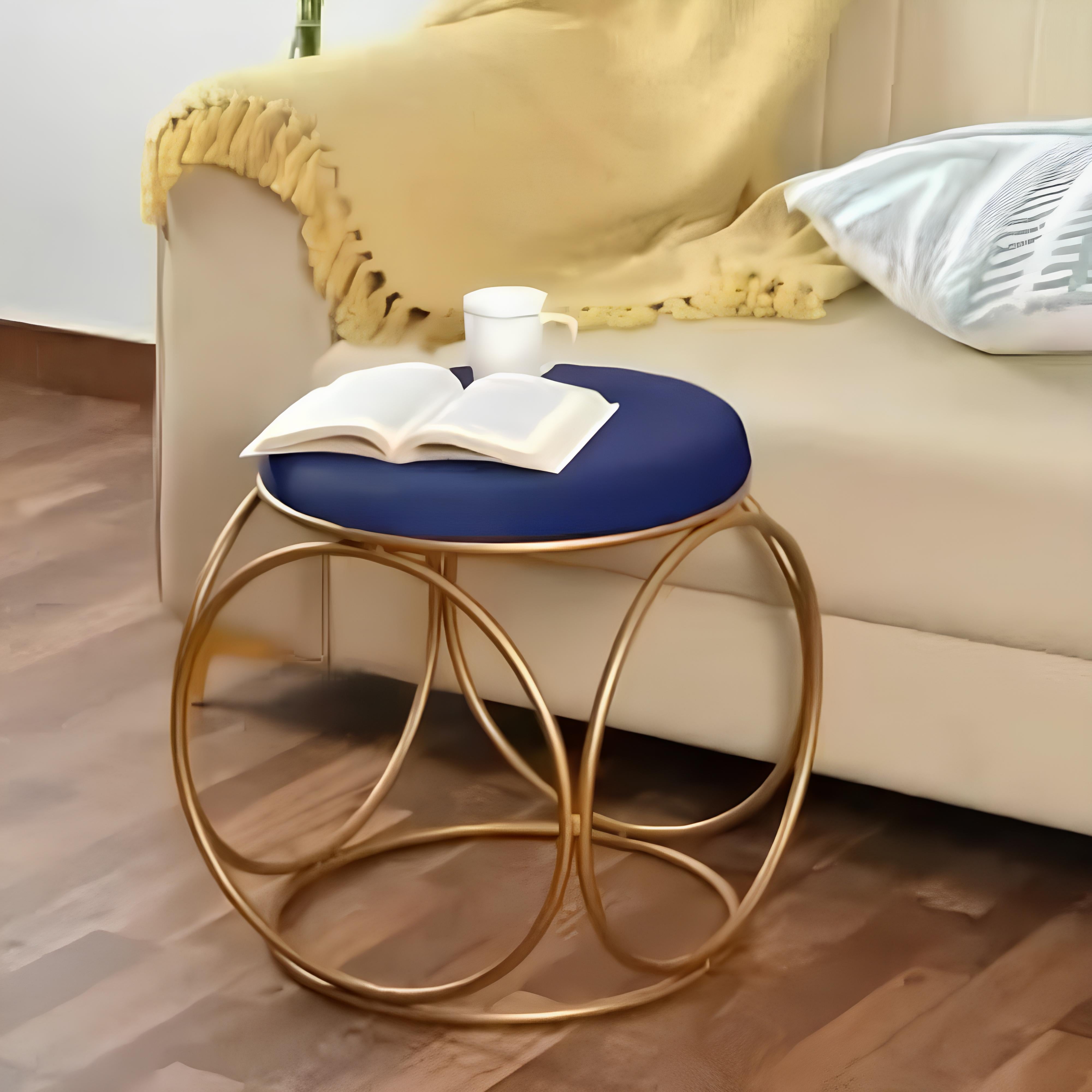 Minimalist Glam Rich Blue Color Stool with Circular Gold Base