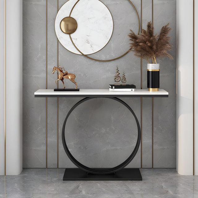 Minimalist Marble Console Table with Sleek Black Circular Base