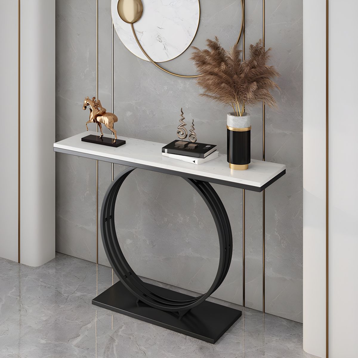 Minimalist Marble Console Table with Sleek Black Circular Base