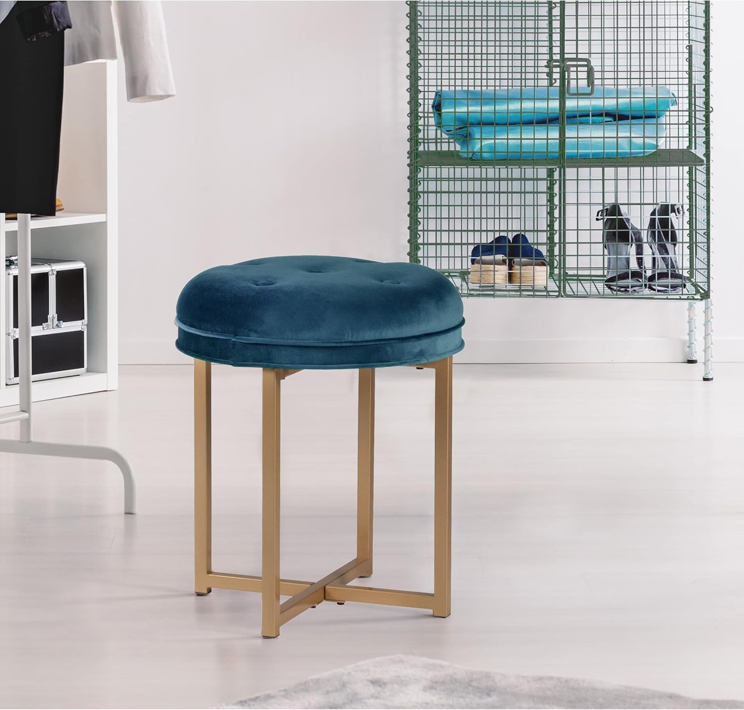 Minimalist Round Stool in Teal and Gold Finish