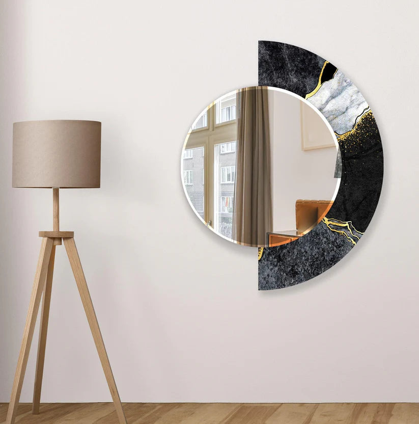 Minimalist Acrylic Wall Mirror with Artistic Stone Crescent