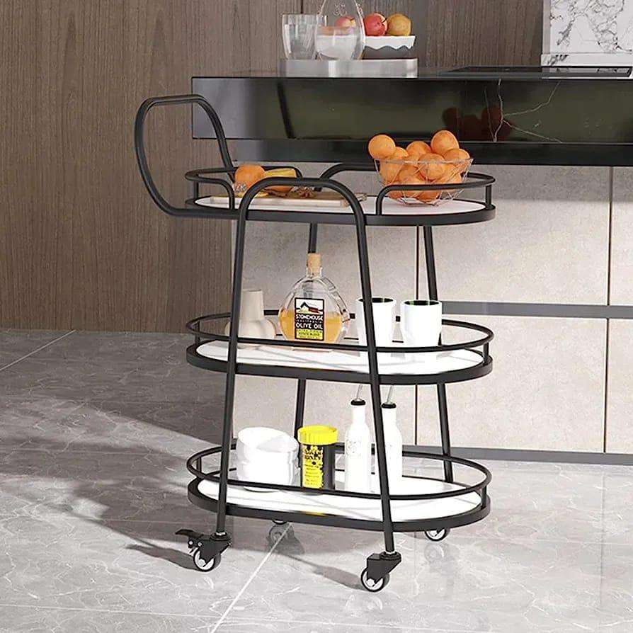 Modern 3-Tier Black Bar Cart with White Shelves
