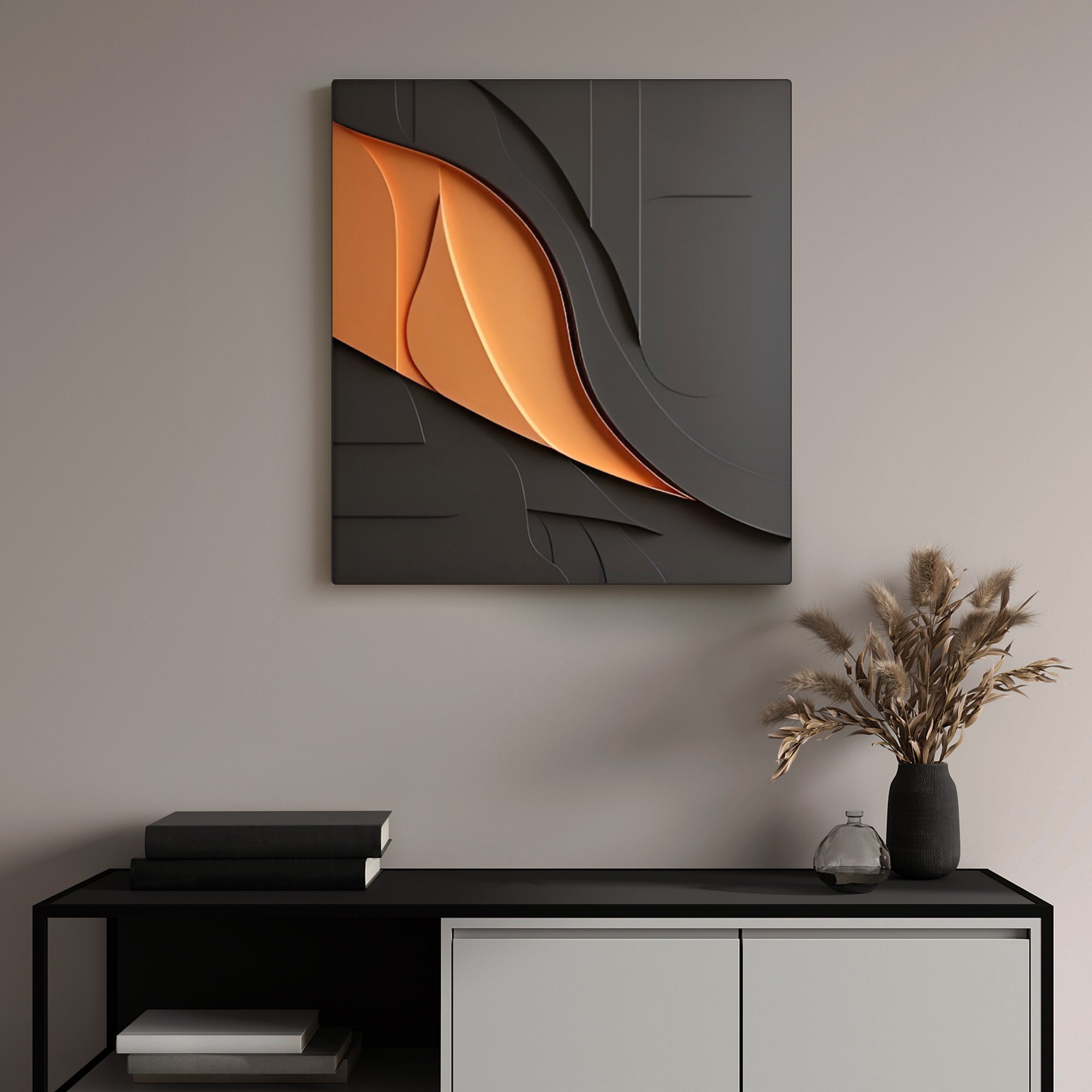 Modern 3D Wall Art Panel with Black and Orange Abstract Design