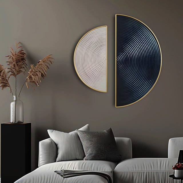 Modern 3D Wall Art Set in Black and Silver Half Circle Design