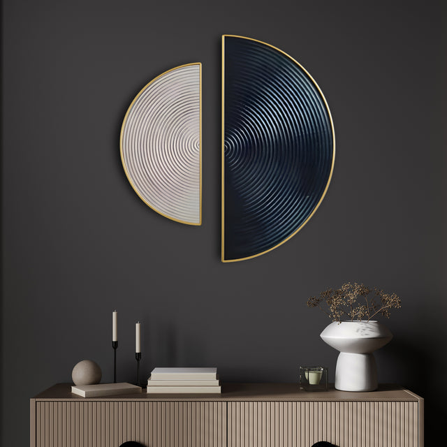 Modern 3D Wall Art Set in Black and Silver Half Circle Design