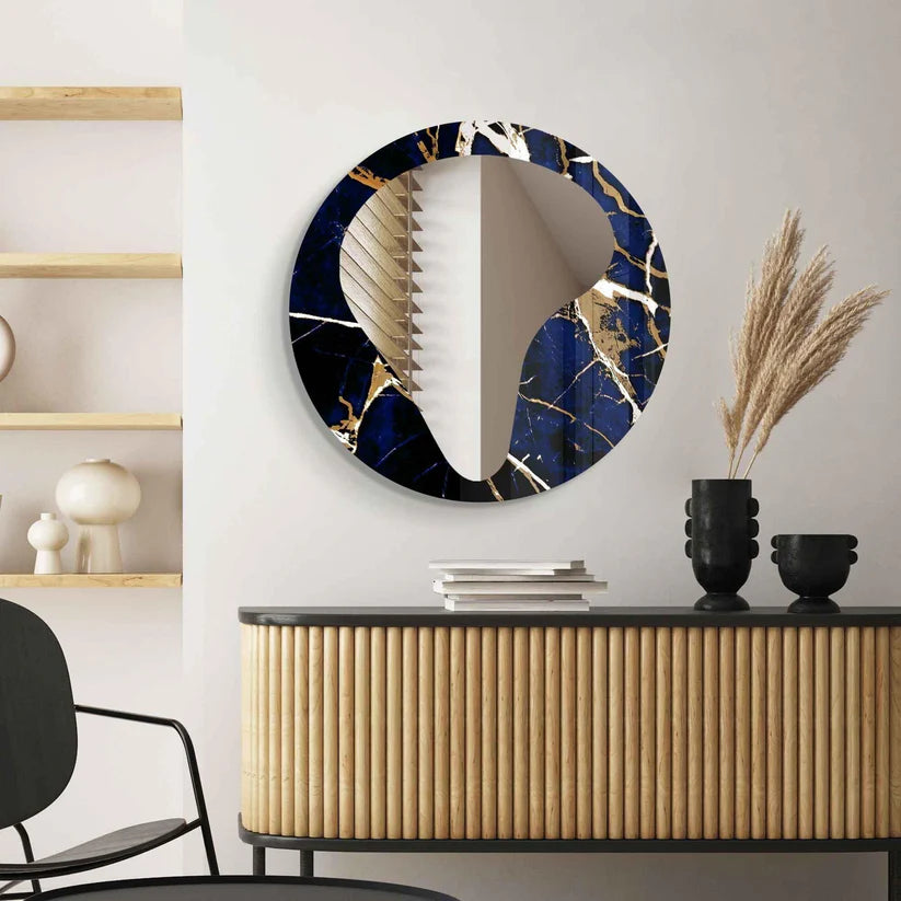 Modern Art Inspired Round Acrylic Wall Mirror with Marble Effect