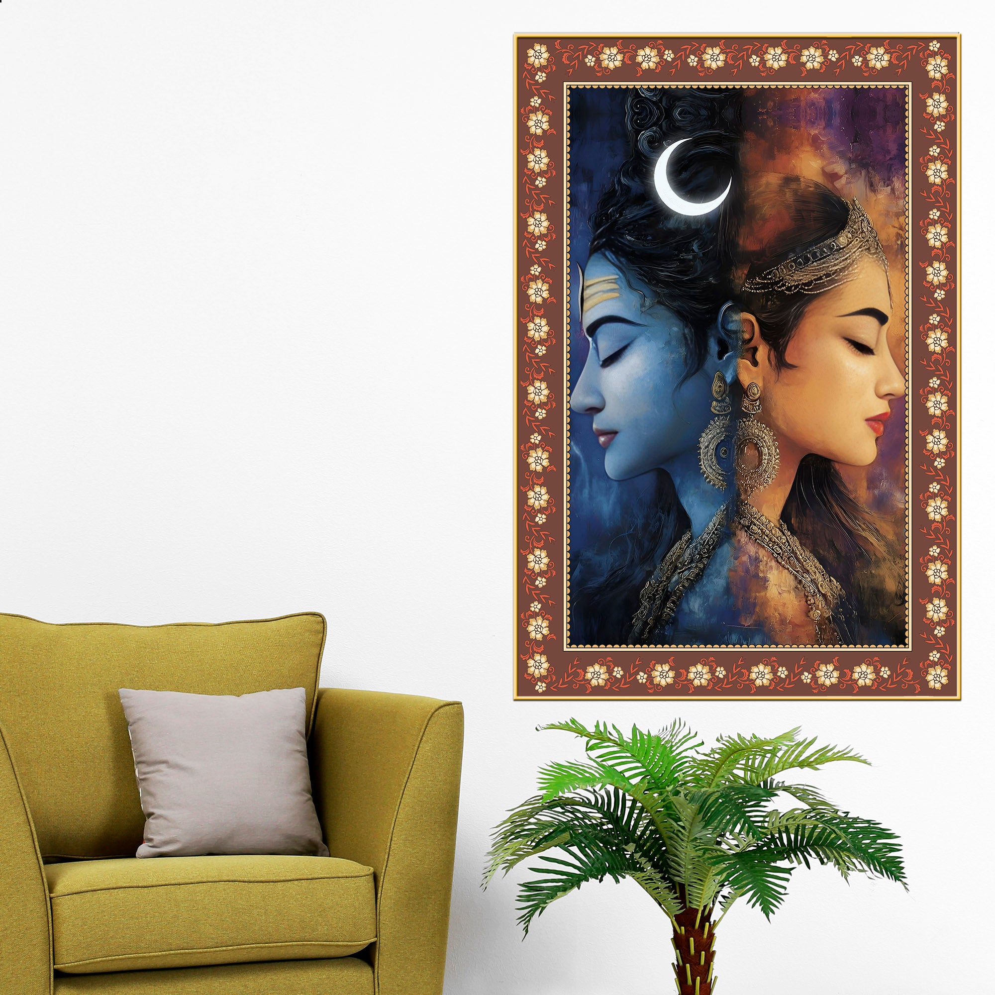 Modern Art Shiva Parvati Floral Border Vertical Wall Painting
