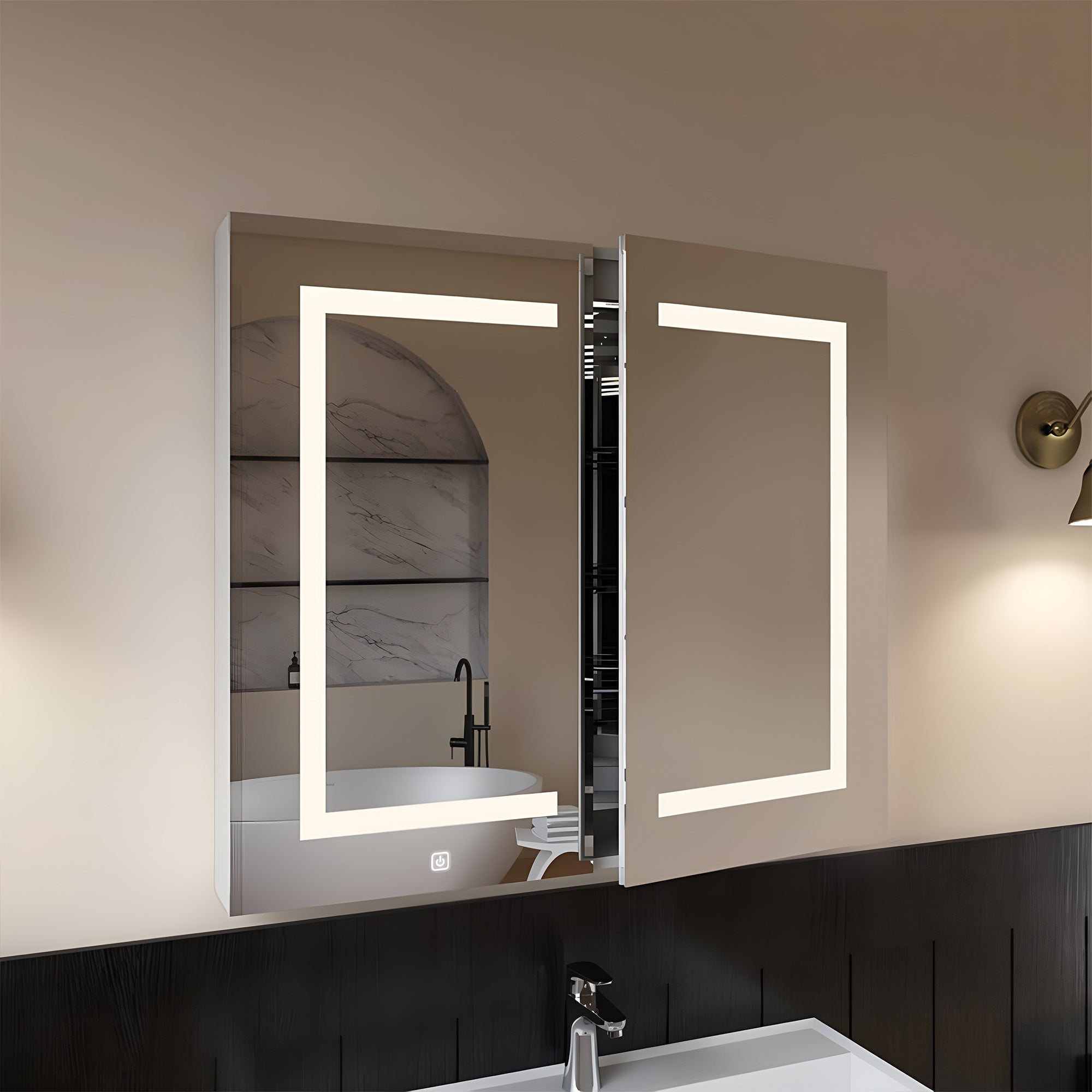 Modern Bathroom Cabinet Mirror with Artistic LED Pattern and Storage