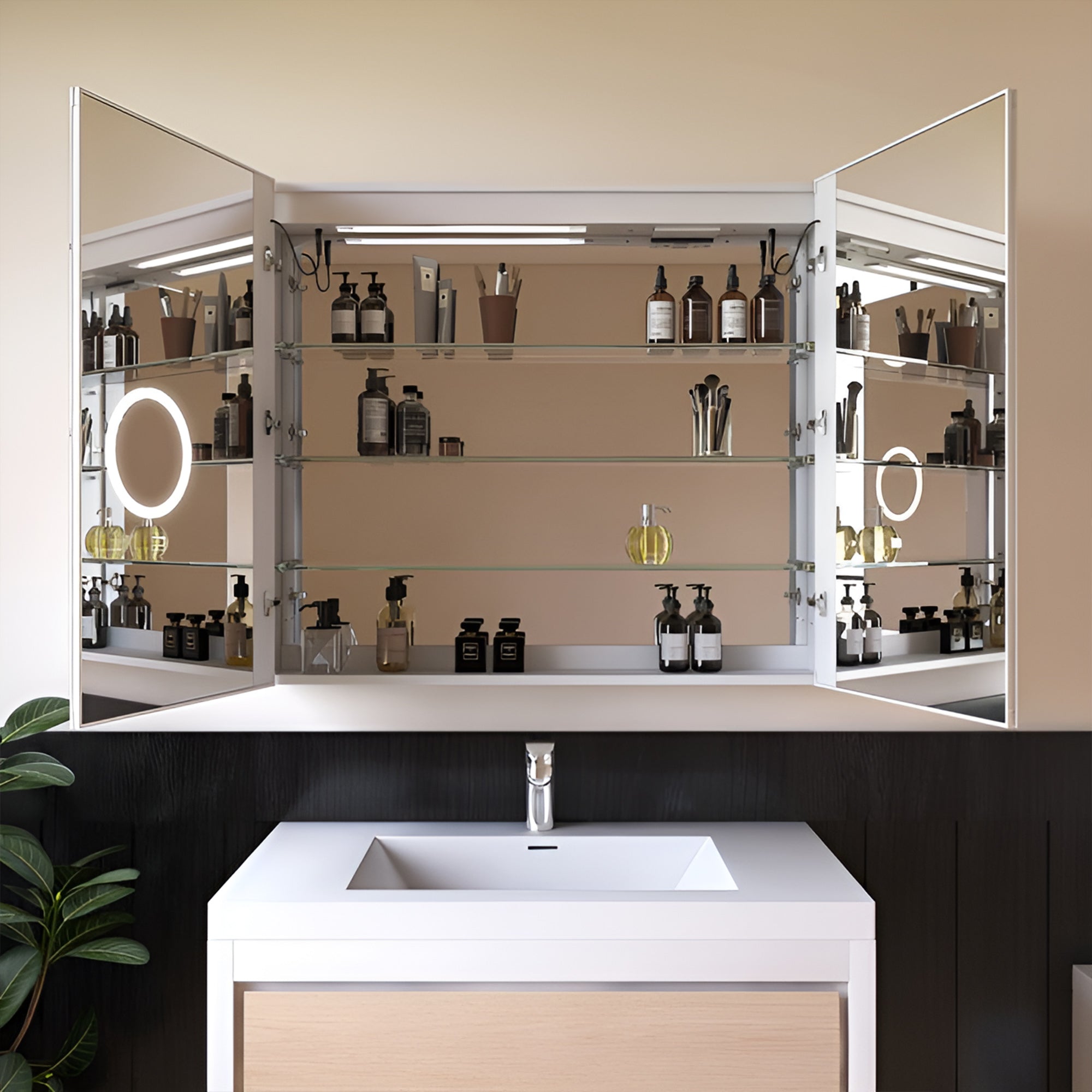 Modern Bathroom Cabinet Mirror with Artistic LED Pattern and Storage