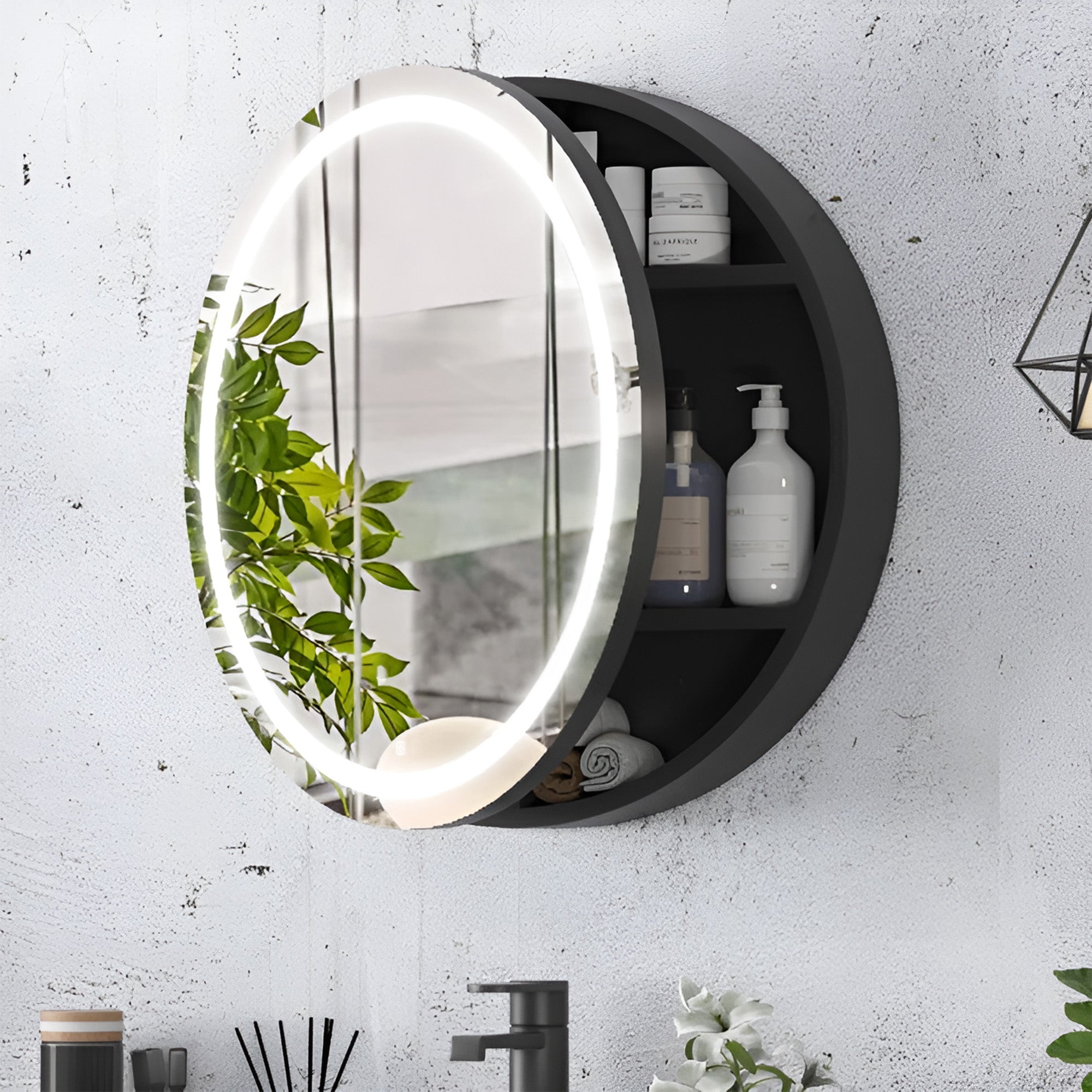 Modern Bathroom Round Mirror Cabinet with LED Rim and Organizer Space
