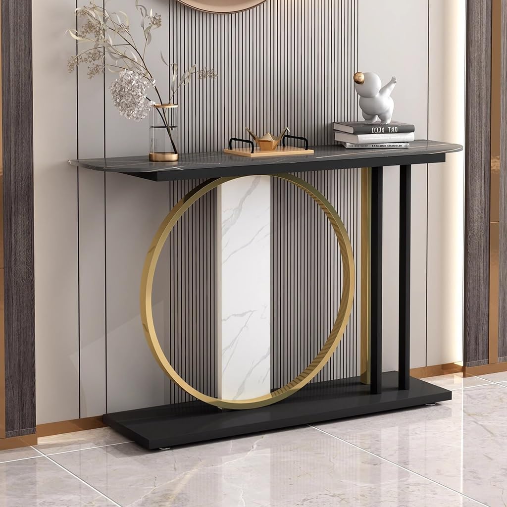 Modern Black Console Table with Gold Ring and Marble Panel